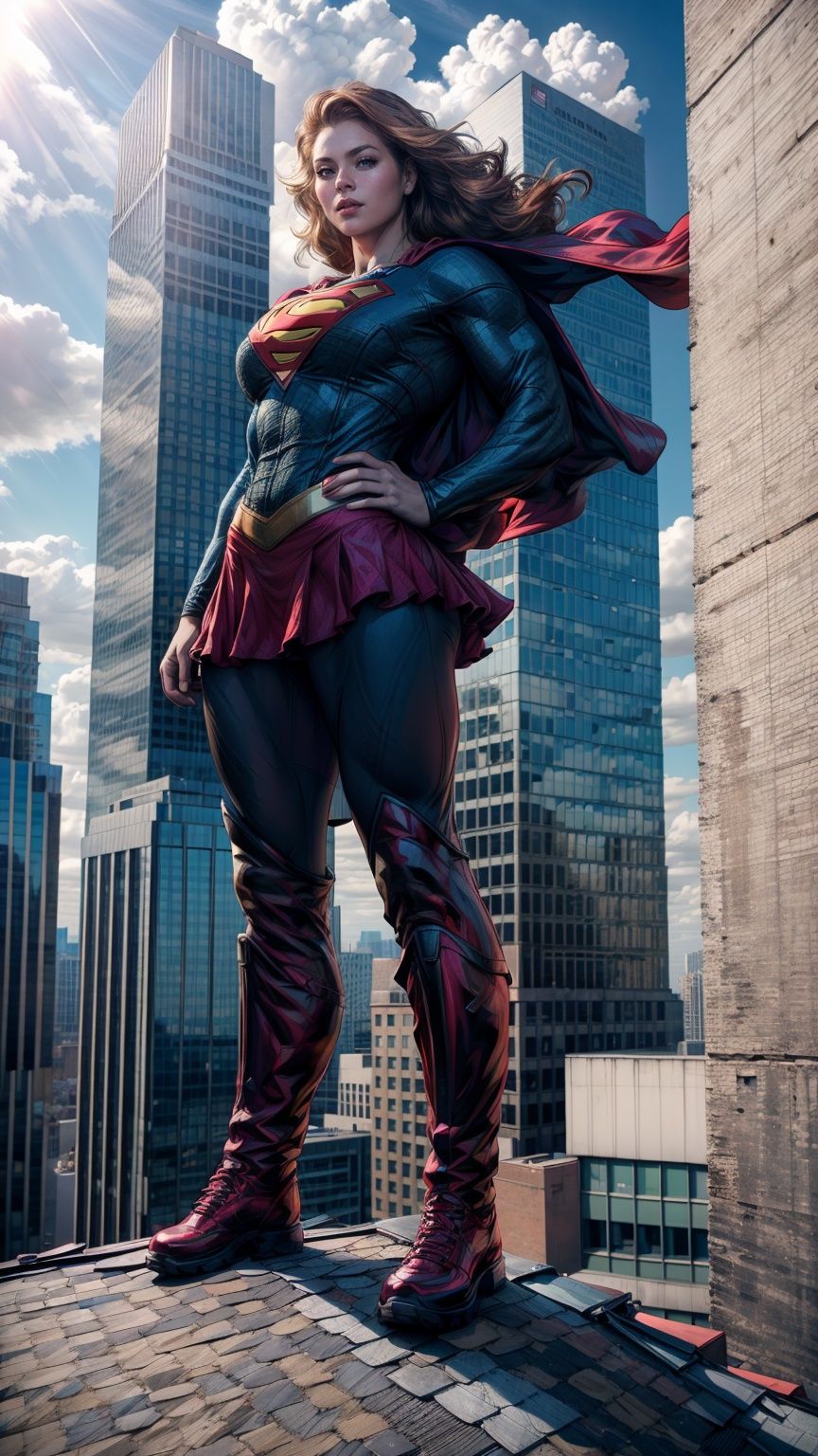a hero supergirl ,25 age, green eyes, long brown hair, full outfit, yoga pants, sport figure, full body, standing on the roof a skyscraper, big boobs,Nipple_rings,supergirl. Red long leg boots., <lora:EMS-14413-EMS:1.2>, <lora:EMS-8358-EMS:0.9>, <lora:EMS-15581-EMS:0.9>, <lora:EMS-12498-EMS:0.5>