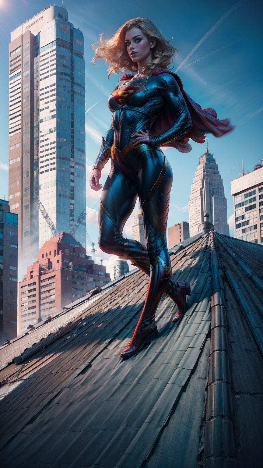 a hero supergirl ,25 age, green eyes, long brown hair, full outfit, yoga pants, sport figure, full body, standing on the roof a skyscraper, big boobs,Nipple_rings,supergirl. Red long leg boots., <lora:EMS-14413-EMS:1.2>, <lora:EMS-8358-EMS:0.9>, <lora:EMS-15581-EMS:0.9>, <lora:EMS-20887-EMS:0.8>