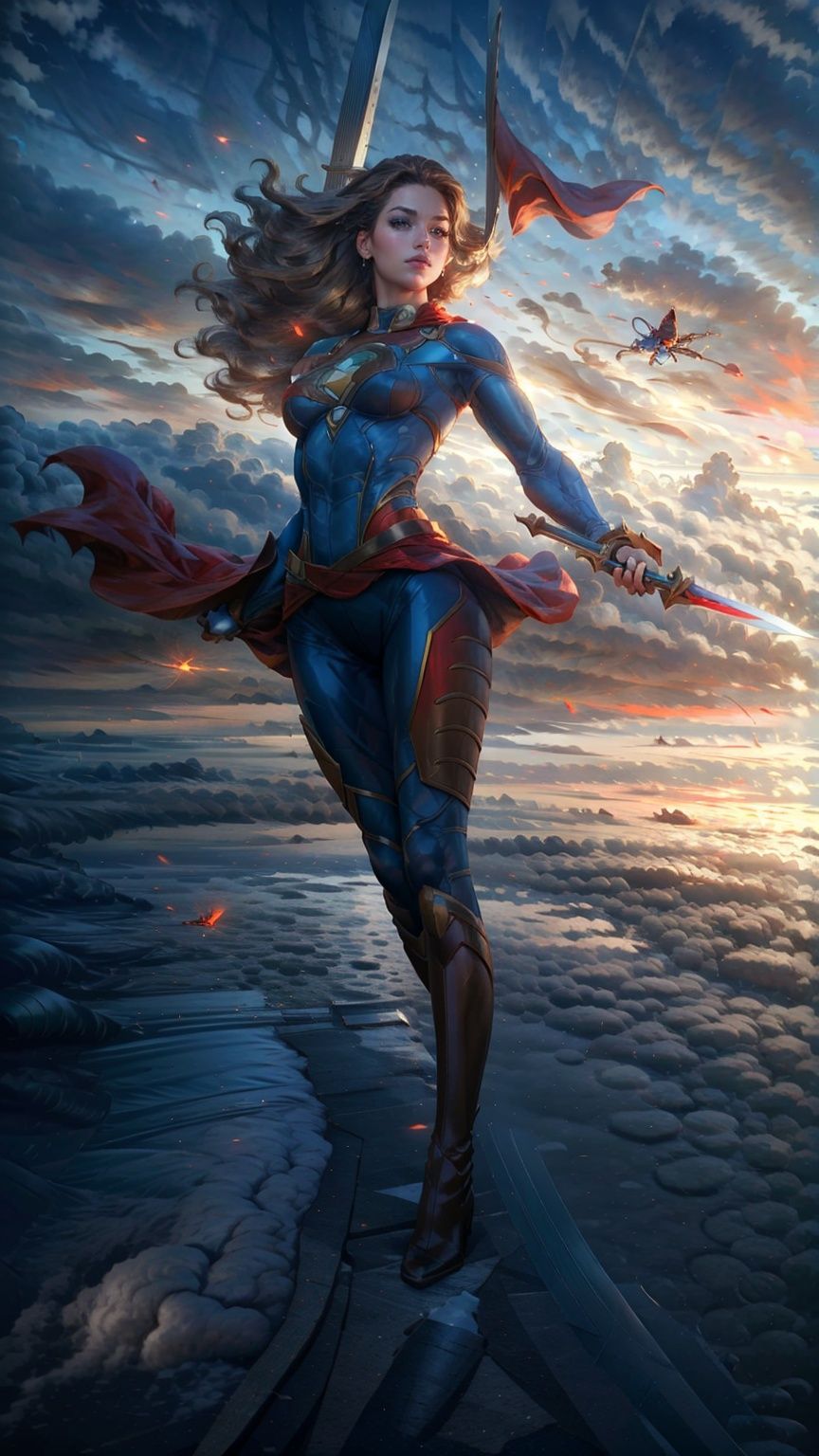 a hero supergirl ,25 age, green eyes, long brown hair, full outfit, yoga pants, sport figure, full body, standing on the roof a skyscraper, big boobs,fly in the sky,supergirl. Red long leg boots.,Blademancer. 10 Swords float around the girl.,Clouds, <lora:EMS-14413-EMS:1.2>, <lora:EMS-15581-EMS:0.9>, <lora:EMS-18488-EMS:0.8>, <lora:EMS-14498-EMS:0.8>
