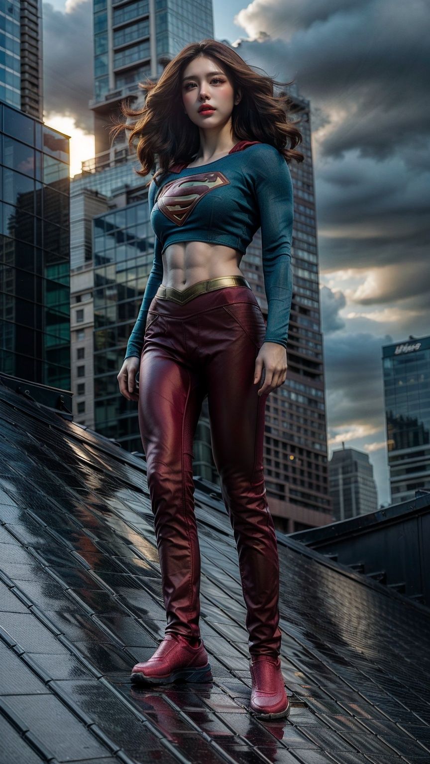 a hero supergirl ,25 age, green eyes, long brown hair, full outfit, yoga pants, sport figure, full body, standing on the roof a skyscraper, big boobs,Nipple_rings,supergirl, <lora:EMS-15581-EMS:0.9>, <lora:EMS-12498-EMS:0.5>, <lora:EMS-14413-EMS:1.2>, <lora:EMS-8358-EMS:0.9>