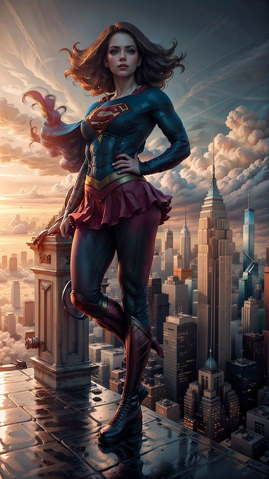 a hero supergirl ,25 age, green eyes, long brown hair, full outfit, yoga pants, sport figure, full body, standing on the roof a skyscraper, big boobs,Nipple_rings,supergirl. Red long leg boots., <lora:EMS-14413-EMS:1.2>, <lora:EMS-8358-EMS:0.9>, <lora:EMS-15581-EMS:0.9>, <lora:EMS-12498-EMS:0.5>