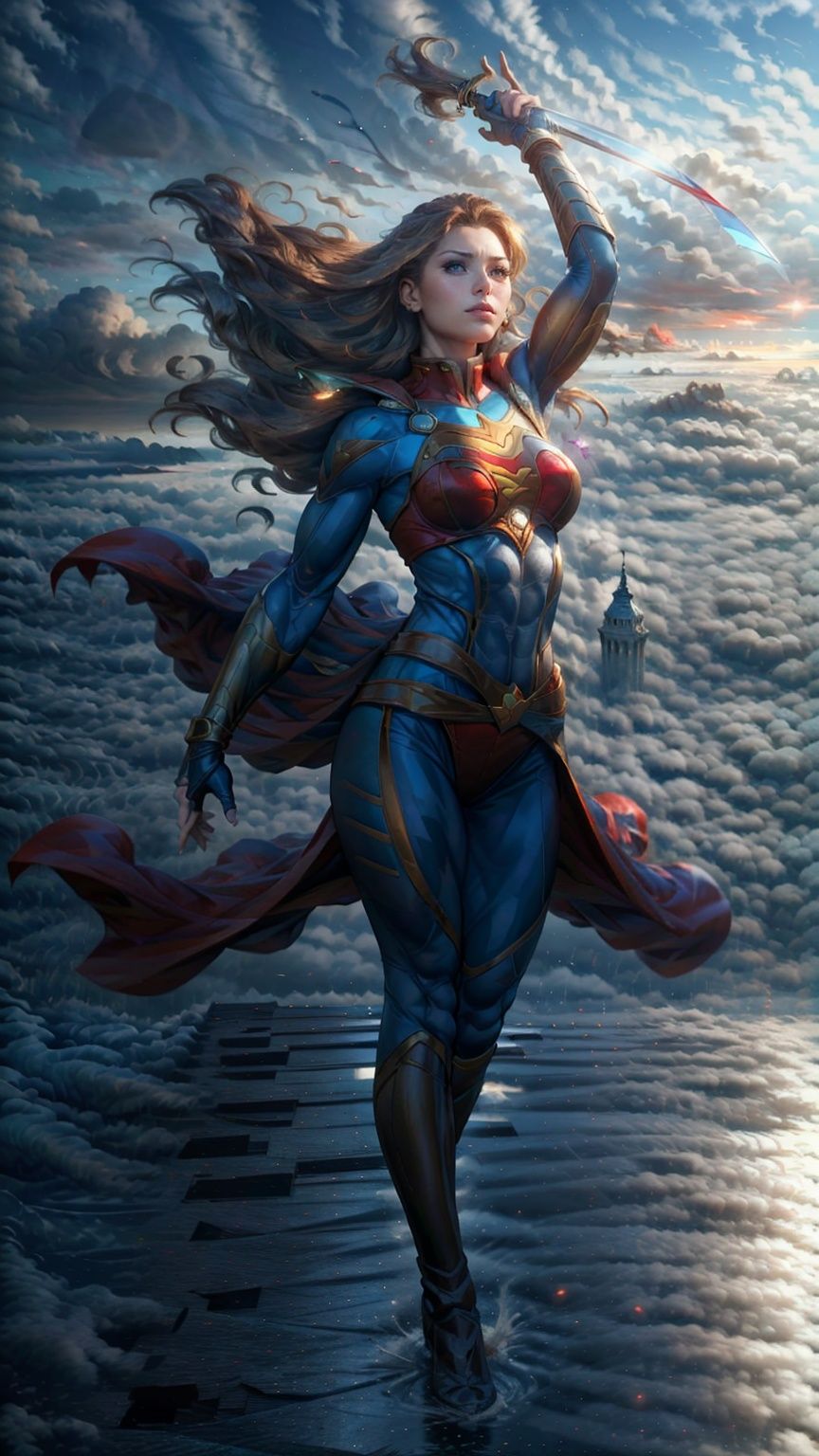 a hero supergirl ,25 age, green eyes, long brown hair, full outfit, yoga pants, sport figure, full body, standing on the roof a skyscraper, big boobs,fly in the sky,supergirl. Red long leg boots.,Blademancer. 10 Swords float around the girl.,Clouds, <lora:EMS-14413-EMS:1.2>, <lora:EMS-15581-EMS:0.9>, <lora:EMS-18488-EMS:0.8>, <lora:EMS-14498-EMS:0.8>