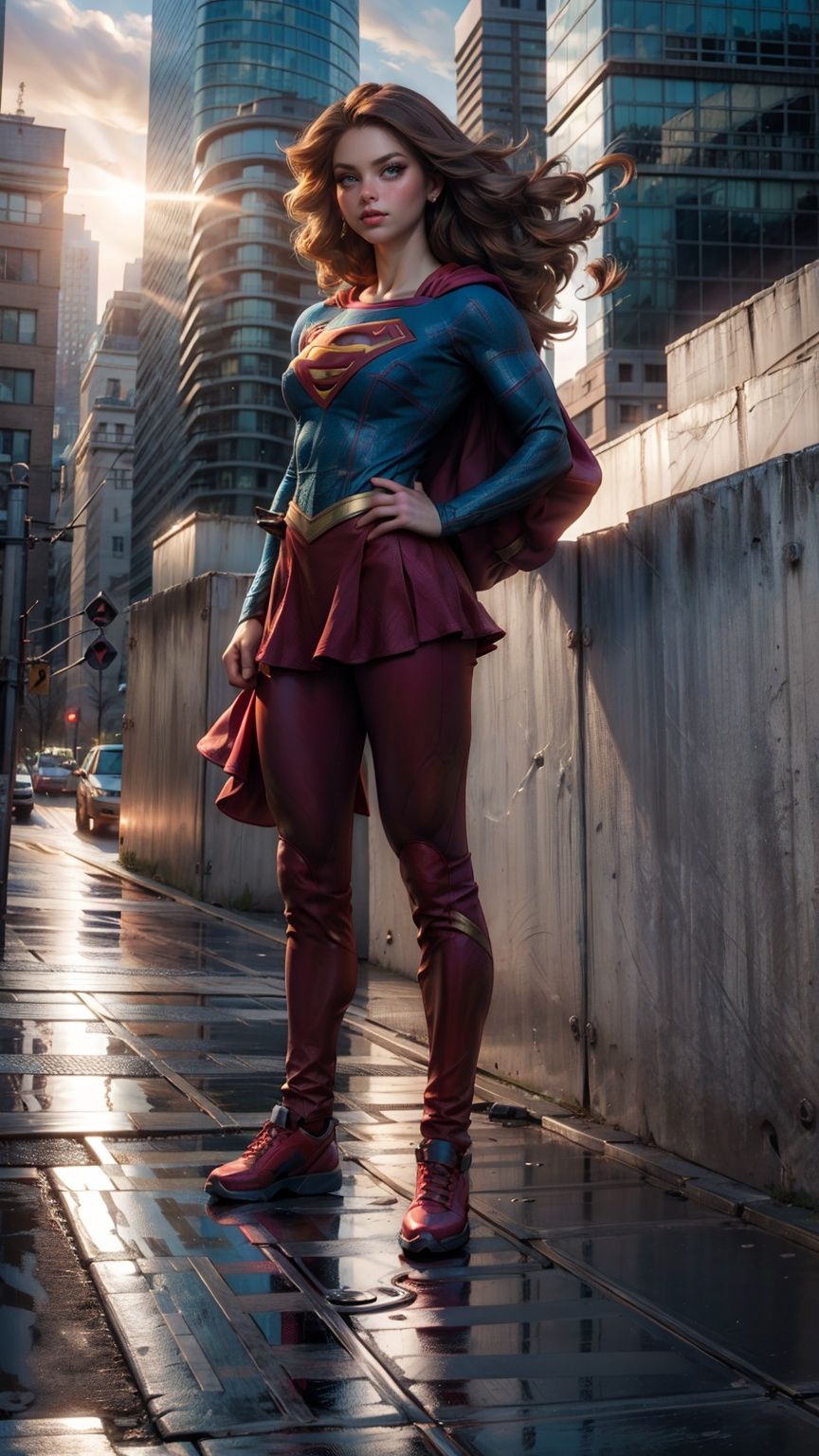 a hero supergirl ,25 age, green eyes, long brown hair, full outfit, yoga pants, sport figure, full body, standing on the roof a skyscraper, big boobs,Nipple_rings,supergirl, <lora:EMS-8358-EMS:0.6>, <lora:EMS-15581-EMS:0.8>, <lora:EMS-12498-EMS:0.8>, <lora:EMS-14413-EMS:1.2>