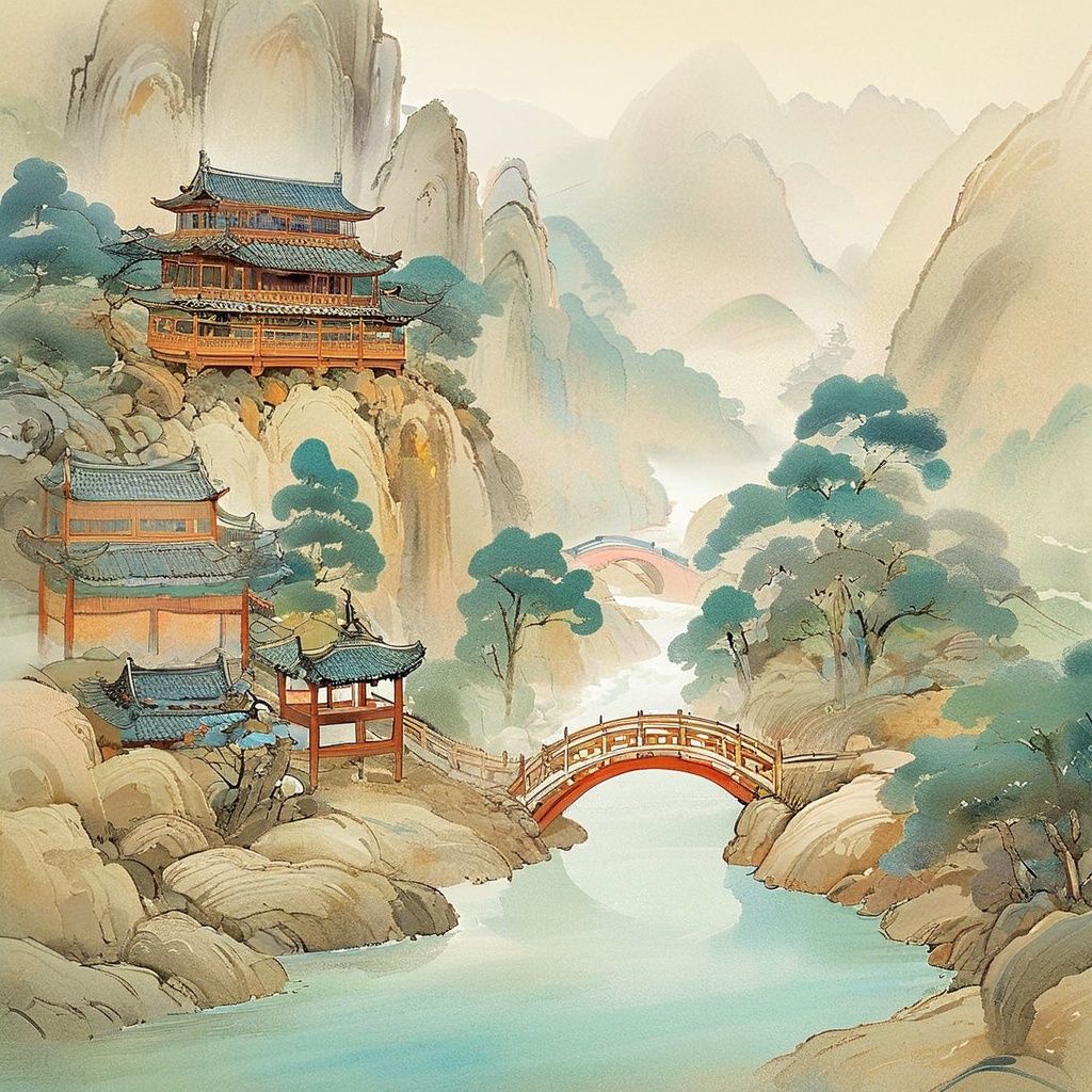 guofeng,illustration,masterpiece,traditional Chinese painting,colorful,majestic landscape,steep mountains disappearing into mist,wispy clouds,bold brushstrokes texture,flowing river winding through,waterfalls plunging down cliffs,tiny bridge over stream,small pavilion perched top of peak,balanced composition,impressionistic style,wet ink diffusing on rice paper,empty white space,high viewpoint,tranquility mood,signing chop mark in corner,<lora:国风插画SDXL:1>,