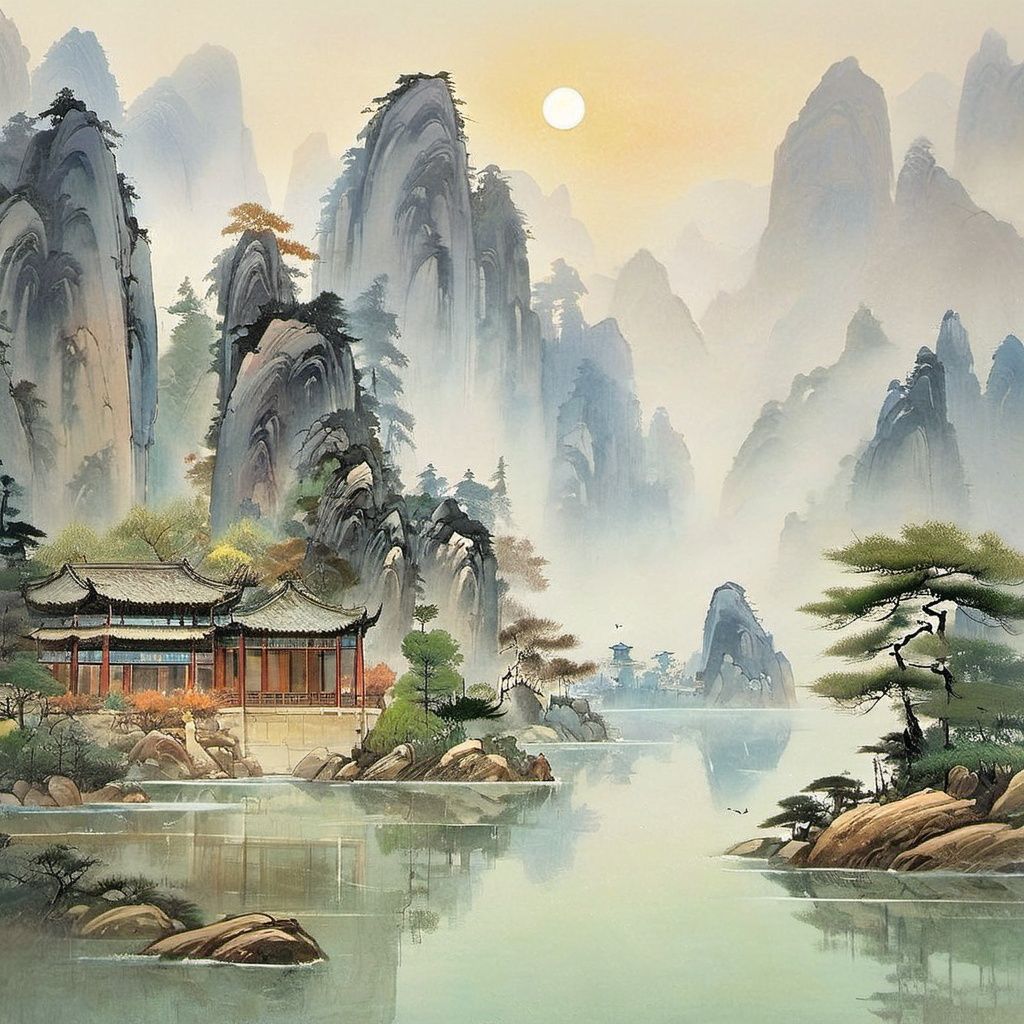 guofeng,chinese style,((summer, Huangshan National Park,painting antient arts style,traditional Chinese painting,painting lake and mountain landscape, mountain reflection on lake surface)),Painting,Volumetric sun Lighting,((high quality:1.2, masterpiece:1.2)),oil landscape,extreme wide perfect composition,(("Mysterious, Enigmatic and Intriguing landscape")),<lora:国风插画SDXL:1>,