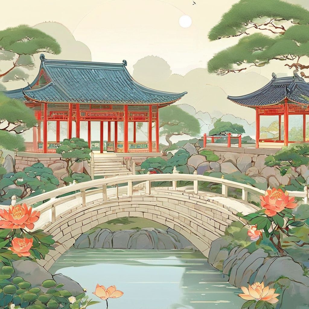 guofeng,illustration,masterpiece,traditional Chinese courtyard garden,symmetrical layout,moon gates,winding pathways,tranquil ponds with lilies,stone bridges over streams,manicured penjing trees,ornate pavilions,red pillars and black tiled roofs,bonsai pine on pedestal,blooming peonies and roses,butterflies and songbirds,pagoda peeking over wall,peaceful and contemplative mood,light mist,extremely detailed,shallow depth of field,soft natural lighting,cinematic composition,<lora:国风插画SDXL:1>,