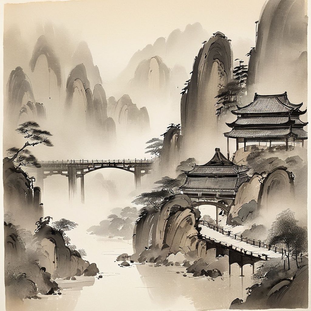 guofeng,illustration,masterpiece,traditional Chinese ink wash painting,majestic landscape,steep mountains disappearing into mist,wispy clouds,bold black brushstrokes texture,flowing river winding through,waterfalls plunging down cliffs,tiny bridge over stream,small pavilion perched top of peak,balanced composition,ink tones of black through shades of grey,impressionistic style,wet ink diffusing on rice paper,empty white space,high viewpoint,tranquility mood,signing chop mark in corner,<lora:国风插画SDXL:1>,