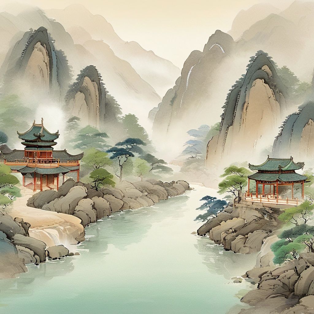 guofeng,illustration,masterpiece,traditional Chinese painting,majestic landscape,steep mountains disappearing into mist,wispy clouds,bold brushstrokes texture,flowing river winding through,waterfalls plunging down cliffs,tiny bridge over stream,small pavilion perched top of peak,balanced composition,impressionistic style,wet ink diffusing on rice paper,empty white space,high viewpoint,tranquility mood,signing chop mark in corner,<lora:国风插画SDXL:1>,