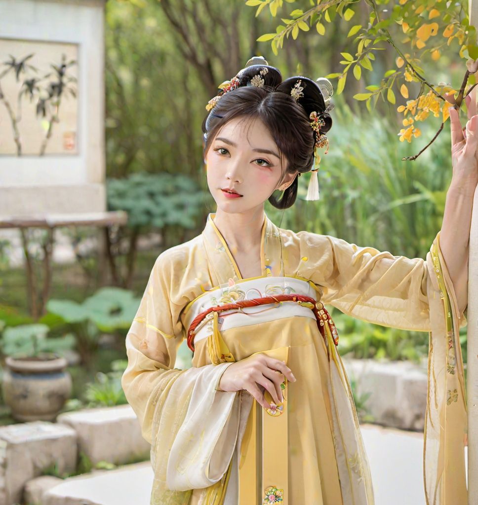 In the picturesque artistry, a stunning Chinese maiden gracefully poses for a portrait, capturing the essence of her allure. With an air of elegance, (she wearing yellow hanfu), she pouts playfully, her hands resting confidently on her hips, striking a pose that radiates both confidence and charm. The backdrop of the portrait, though simple, complements her beauty, providing a perfect canvas to showcase the captivating presence of this high-quality artistic portrayal. 35mm photograph, film, bokeh, professional, 4k, highly detailed, <lora:hanfuTang_v40_M_SDXL:0.75>
