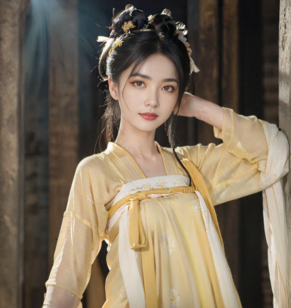 A cinematic upper body photograph of a female in a dungeon, (she wearing yellow hanfu), shadows, black hair, dynamic scene, epic pose, highly detailed face, seductive smile, black eyes, cinematic, fujifilm, intricate, detailed, raw photograph,perfect hand posture,<lora:hanfuTang_v40_M_SDXL:0.8>