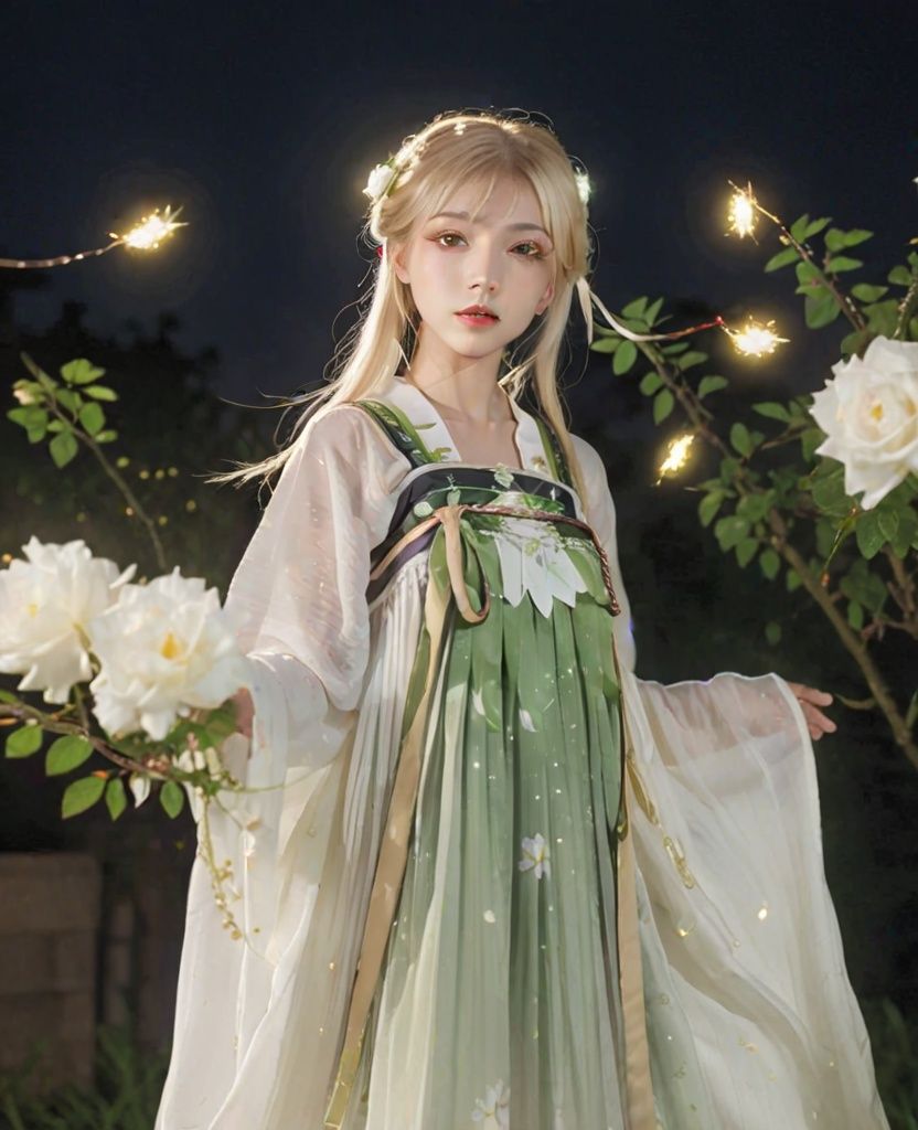face focus, masterpiece, best quality, 1girl white roses, petals, night background, fireflies, light particle, solo, blonde hair, green eyes, standing, pixiv, depth of field, cinematic compotision, best lighting, looking up, (hanfu, multicolour chest pleated skirt)