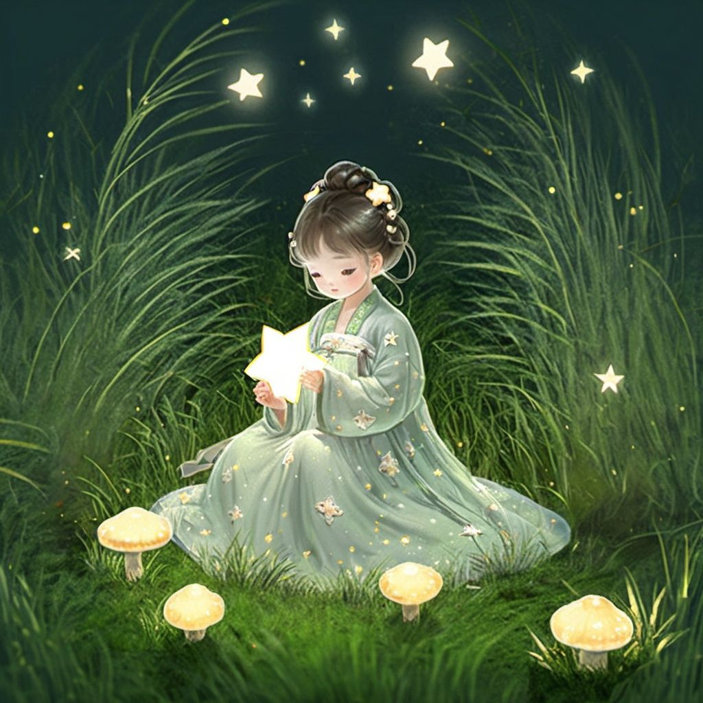 star,starlight,forest,1girl,grass,mushroom,squirmle,nights,surrounded by shining stars,best quality,masterpiece,illustratio,1girl, hanfu, tang style outfits