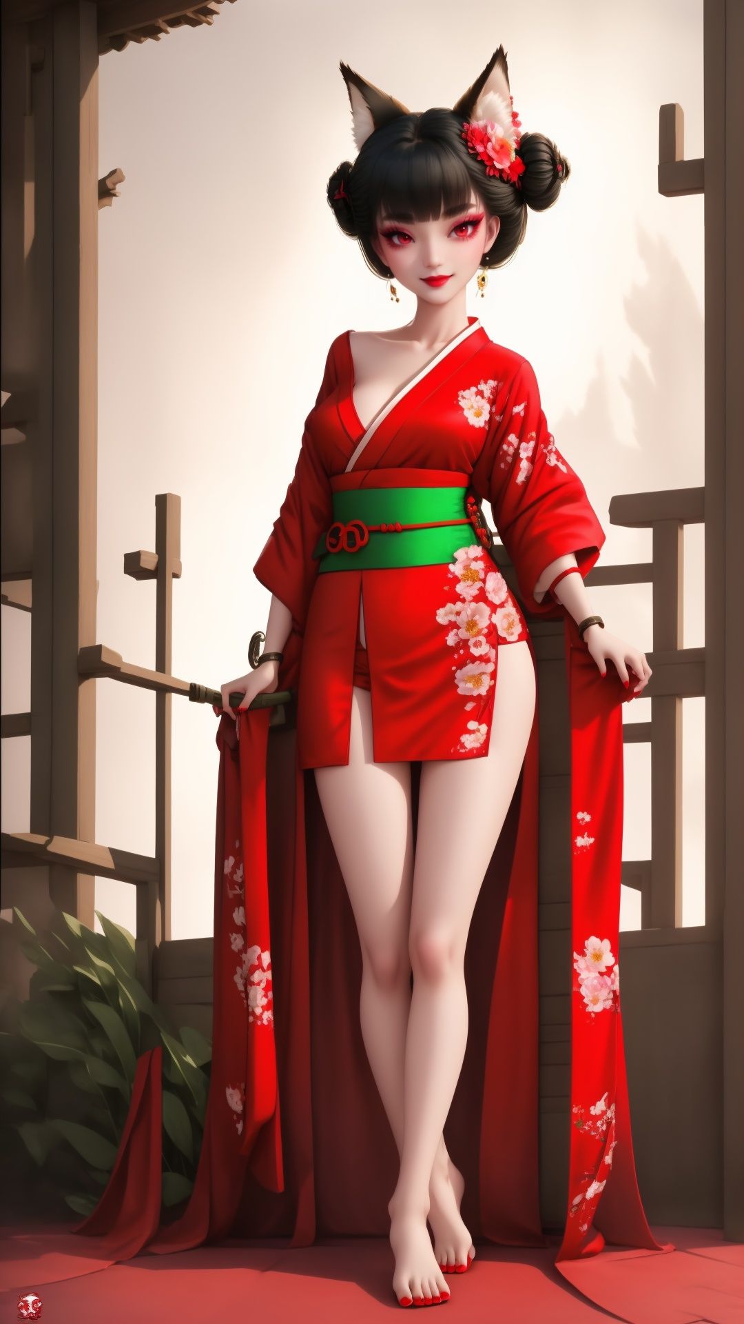 Full body. Bottom view from left side. Cinematic face lighting,bright backlight,medium breasts,super high resolution,best quality,Photos,4k,(Realistic:1.2),huyao,1girl,red eyes,fox ears,hair ornament,hair flower,kimono,black hair,flower,solo,looking at viewer,hair bun,feet101,1 girl. Fox mask. Sexy pose. A Fox mask behide her head,Chinese art, She wears green dudou inside and red hanfu outside. Smooth feet and red nails.,1 girl,feet,shidudou,Real,foot, <lora:EMS-14488-EMS:0.8>, <lora:EMS-15626-EMS:0.9>, <lora:EMS-14447-EMS:0.3>, <lora:EMS-1446-EMS:0.3>, <lora:EMS-14413-EMS:0.4>