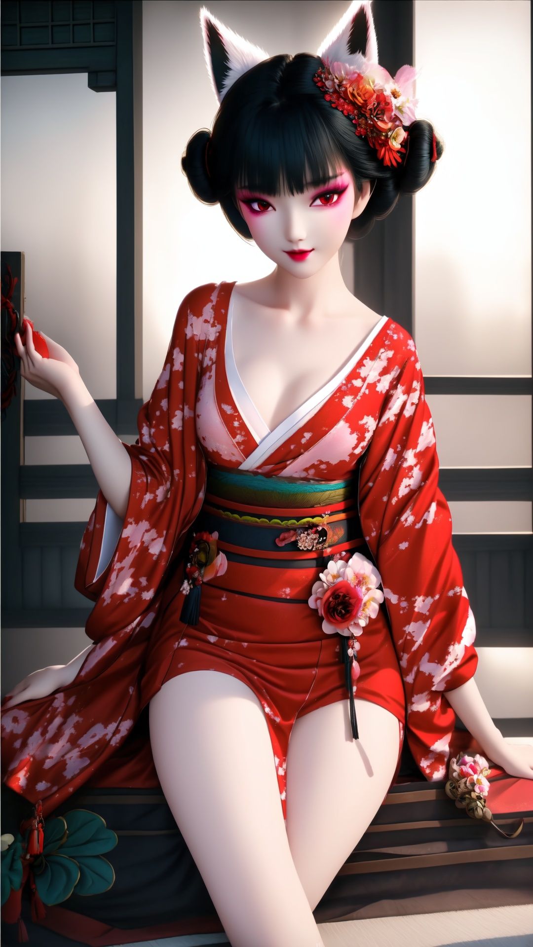 face lighting,bright backlight,medium breasts,super high resolution,best quality,Photos,4k,(Realistic:1.2),huyao,1girl,red eyes,fox ears,hair ornament,hair flower,kimono,black hair,flower,solo,looking at viewer,hair bun,thigh,short kimono, ,Kimono,feet101,1 girl. Fox mask. ,Chinese art,yuechan_wedding_lothes, <lora:EMS-15626-EMS:1>, <lora:EMS-14447-EMS:0.4>, <lora:EMS-363-EMS:0.2>, <lora:EMS-14488-EMS:0.6>