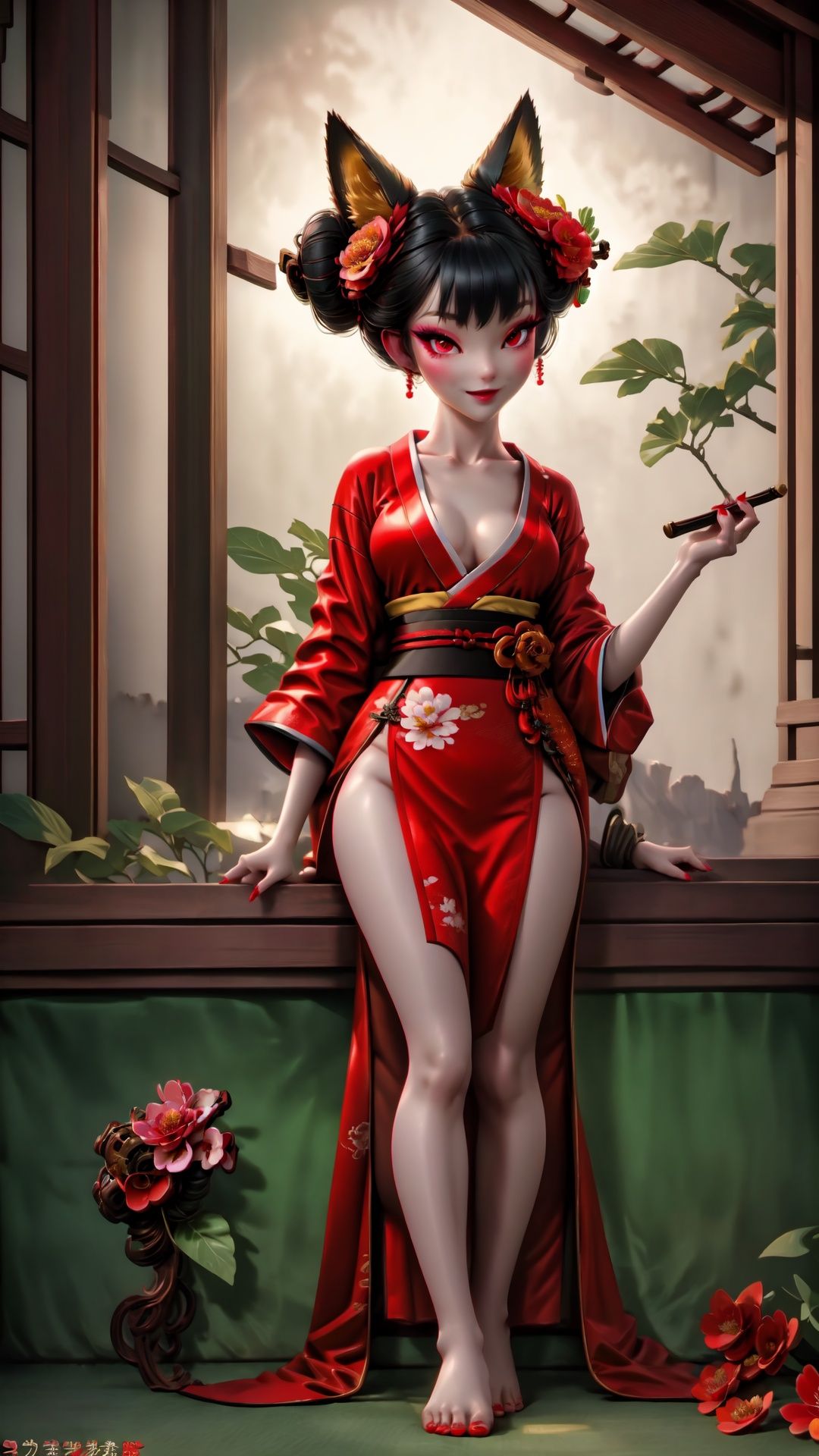 Full body. Cinematic face lighting,bright backlight,medium breasts,super high resolution,best quality,Photos,4k,(Realistic:1.2),huyao,1girl,red eyes,fox ears,hair ornament,hair flower,kimono,black hair,flower,solo,looking at viewer,hair bun,feet101,1 girl. Fox mask. ,Chinese art, She wears green dudou inside and red hanfu outside. Nude feet and red nails.,1 girl,feet,shidudou,Real, <lora:EMS-14447-EMS:0.3>, <lora:EMS-1446-EMS:0.3>, <lora:EMS-14764-EMS:0.5>, <lora:EMS-14413-EMS:0.4>, <lora:EMS-15626-EMS:0.9>