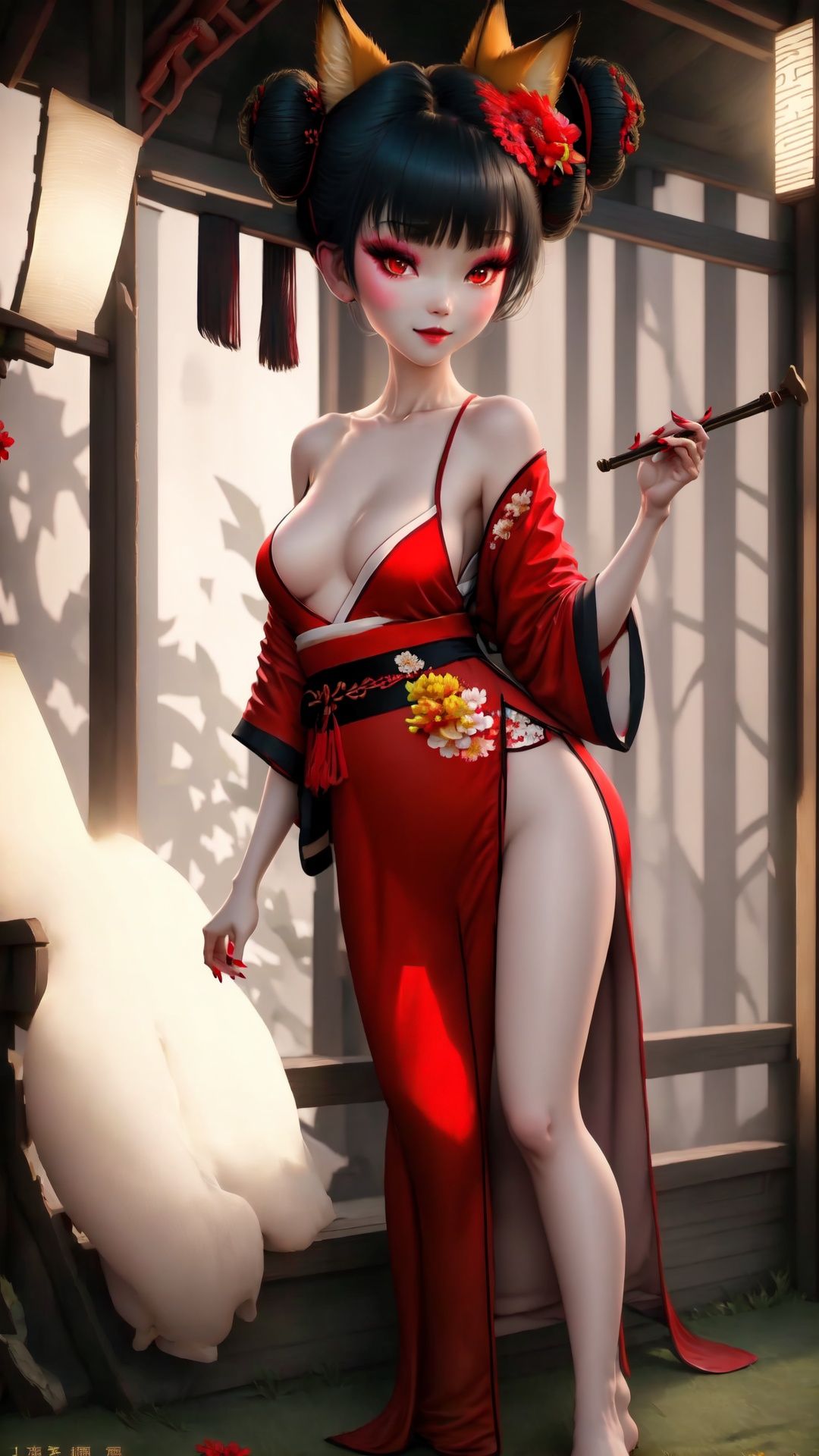 Full body. Cinematic face lighting,bright backlight,medium breasts,super high resolution,best quality,Photos,4k,(Realistic:1.2),huyao,1girl,red eyes,fox ears,hair ornament,hair flower,kimono,black hair,flower,solo,looking at viewer,hair bun,feet101,1 girl. Fox mask. ,Chinese art, She wears green dudou inside and red hanfu outside. Nude feet and red nails.,1 girl,feet,shidudou,Real, <lora:EMS-14447-EMS:0.3>, <lora:EMS-1446-EMS:0.3>, <lora:EMS-14764-EMS:0.5>, <lora:EMS-14413-EMS:0.4>, <lora:EMS-15626-EMS:0.9>