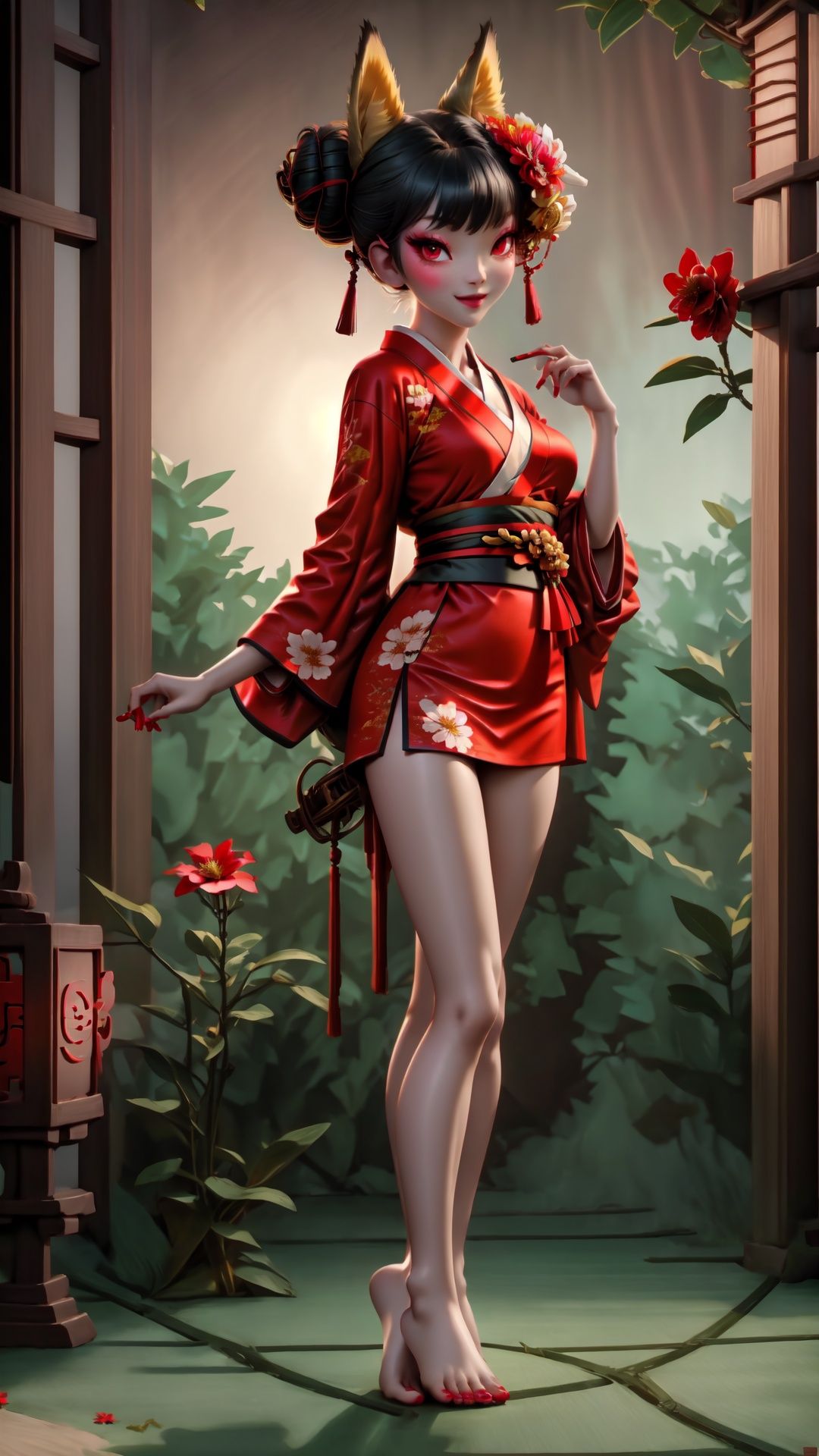 Full body. Cinematic face lighting,bright backlight,medium breasts,super high resolution,best quality,Photos,4k,(Realistic:1.2),huyao,1girl,red eyes,fox ears,hair ornament,hair flower,kimono,black hair,flower,solo,looking at viewer,hair bun,feet101,1 girl. Fox mask. ,Chinese art, She wears green dudou inside and red hanfu outside. Nude feet and red nails.,1 girl,feet,shidudou,Real, <lora:EMS-14447-EMS:0.3>, <lora:EMS-1446-EMS:0.3>, <lora:EMS-14764-EMS:0.5>, <lora:EMS-14413-EMS:0.4>, <lora:EMS-15626-EMS:0.9>