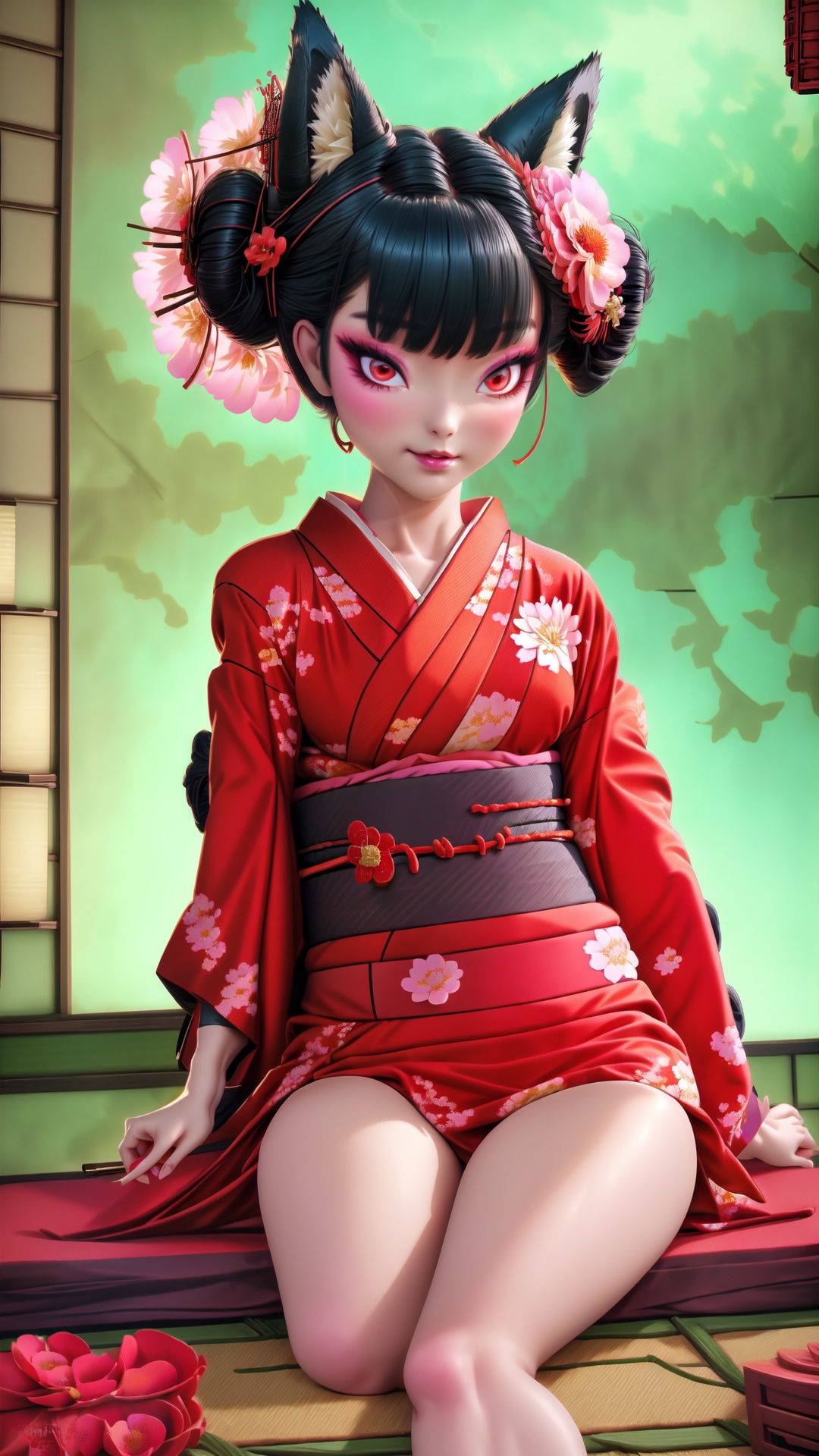 face lighting,bright backlight,medium breasts,super high resolution,best quality,Photos,4k,(Realistic:1.2),huyao,1girl,red eyes,fox ears,hair ornament,hair flower,kimono,black hair,flower,solo,looking at viewer,hair bun,thigh,short kimono, ,Kimono,feet101, <lora:EMS-14488-EMS:0.6>, <lora:EMS-15626-EMS:1>, <lora:EMS-15617-EMS:0.5>, <lora:EMS-14420-EMS:0.4>