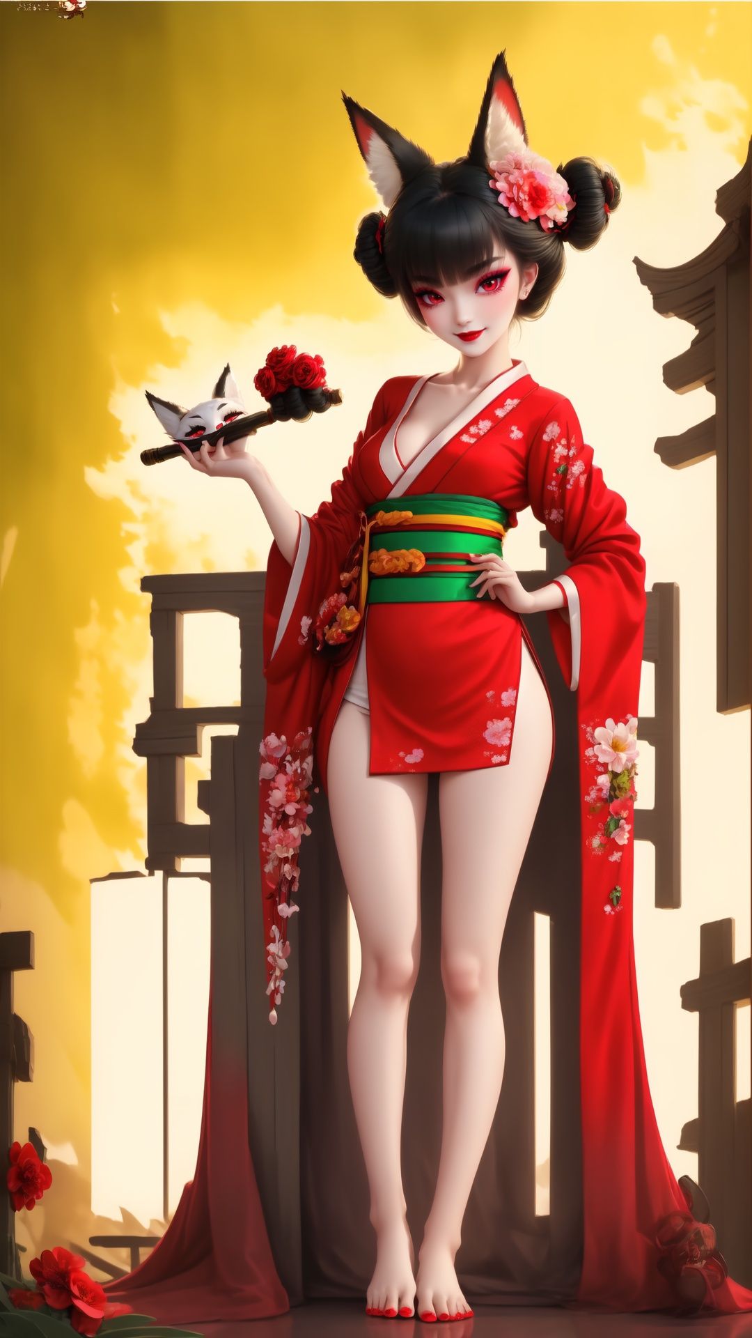 Full body. Bottom view from left side. Cinematic face lighting,bright backlight,medium breasts,super high resolution,best quality,Photos,4k,(Realistic:1.2),huyao,1girl,red eyes,fox ears,hair ornament,hair flower,kimono,black hair,flower,solo,looking at viewer,hair bun,feet101,1 girl. Fox mask. Sexy pose. A Fox mask behide her head,Chinese art, She wears green dudou inside and red hanfu outside. Smooth feet and red nails.,1 girl,feet,shidudou,Real,foot, <lora:EMS-14488-EMS:0.8>, <lora:EMS-15626-EMS:0.9>, <lora:EMS-14447-EMS:0.3>, <lora:EMS-1446-EMS:0.3>, <lora:EMS-14413-EMS:0.4>