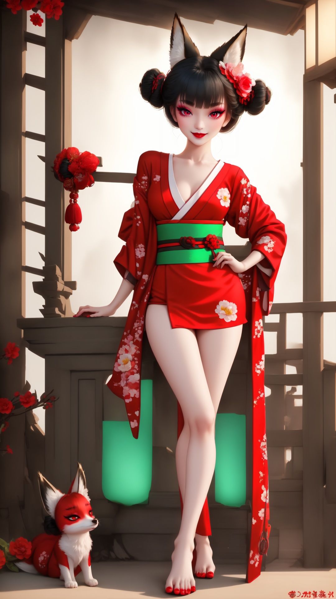 Full body. Bottom view from left side. Cinematic face lighting,bright backlight,medium breasts,super high resolution,best quality,Photos,4k,(Realistic:1.2),huyao,1girl,red eyes,fox ears,hair ornament,hair flower,kimono,black hair,flower,solo,looking at viewer,hair bun,feet101,1 girl. Fox mask. Sexy pose. A Fox mask behide her head,Chinese art, She wears green dudou inside and red hanfu outside. Smooth feet and red nails.,1 girl,feet,shidudou,Real,foot, <lora:EMS-14488-EMS:0.8>, <lora:EMS-15626-EMS:0.9>, <lora:EMS-14447-EMS:0.3>, <lora:EMS-1446-EMS:0.3>, <lora:EMS-14413-EMS:0.4>