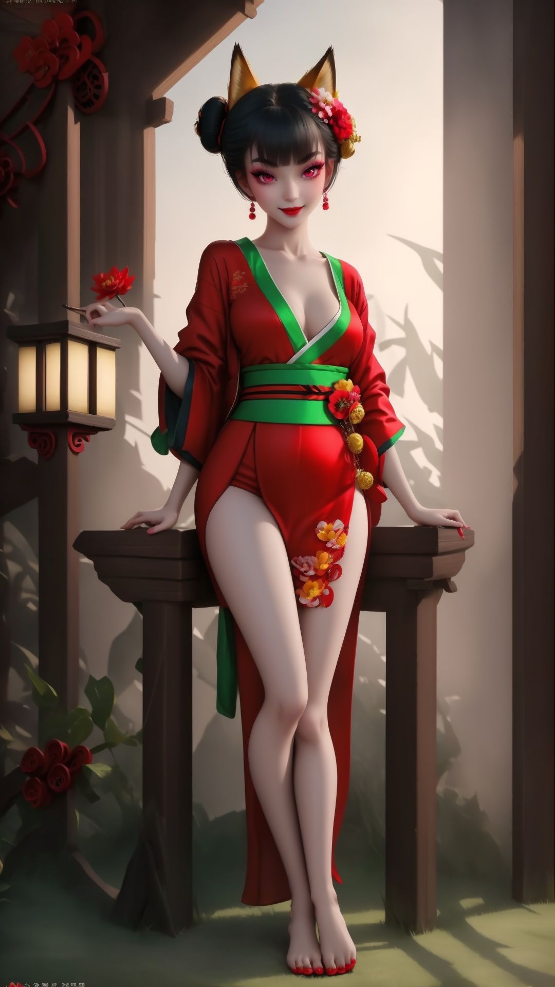 Full body. Bottom view from left side. Cinematic face lighting,bright backlight,medium breasts,super high resolution,best quality,Photos,4k,(Realistic:1.2),huyao,1girl,red eyes,fox ears,hair ornament,hair flower,kimono,black hair,flower,solo,looking at viewer,hair bun,feet101,1 girl. Fox mask. Sexy pose. A Fox mask behide her head,Chinese art, She wears green dudou inside and red hanfu outside. Smooth feet and red nails.,1 girl,feet,shidudou,Real, <lora:EMS-14447-EMS:0.3>, <lora:EMS-1446-EMS:0.3>, <lora:EMS-14764-EMS:0.5>, <lora:EMS-14413-EMS:0.4>, <lora:EMS-15626-EMS:0.9>