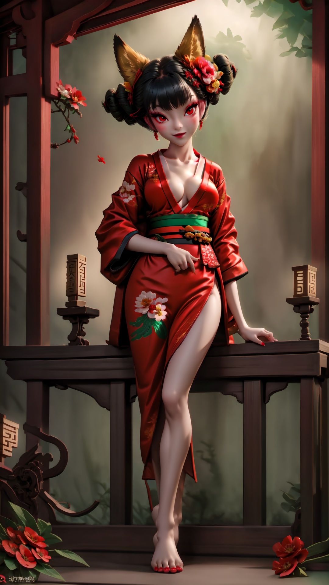 Full body. Bottom view from left side. Cinematic face lighting,bright backlight,medium breasts,super high resolution,best quality,Photos,4k,(Realistic:1.2),huyao,1girl,red eyes,fox ears,hair ornament,hair flower,kimono,black hair,flower,solo,looking at viewer,hair bun,feet101,1 girl. Fox mask. ,Chinese art, She wears green dudou inside and red hanfu outside. Nude feet and red nails.,1 girl,feet,shidudou,Real, <lora:EMS-15626-EMS:0.9>, <lora:EMS-14447-EMS:0.3>, <lora:EMS-1446-EMS:0.3>, <lora:EMS-14764-EMS:0.5>, <lora:EMS-14413-EMS:0.4>