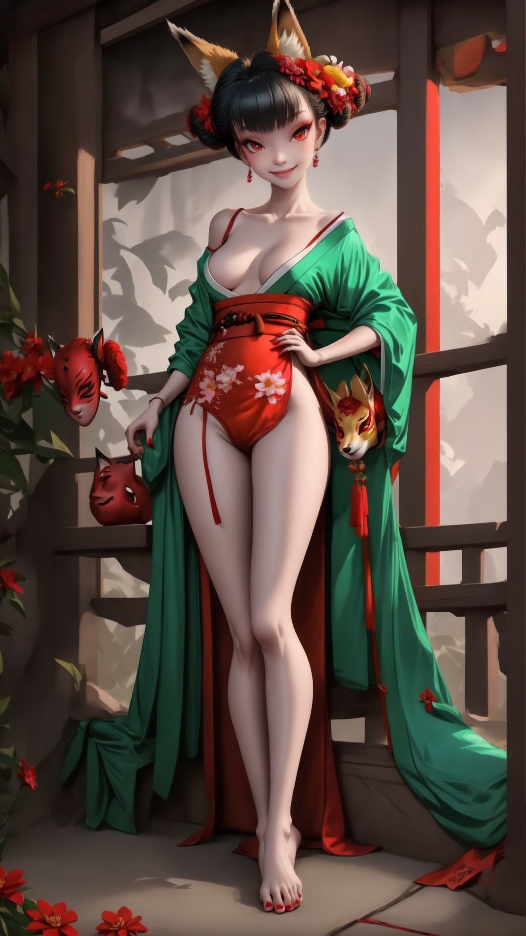 Full body. Bottom view from left side. Cinematic face lighting,bright backlight,medium breasts,super high resolution,best quality,Photos,4k,(Realistic:1.2),huyao,1girl,red eyes,fox ears,hair ornament,hair flower,kimono,black hair,flower,solo,looking at viewer,hair bun,feet101,1 girl. Fox mask. Sexy pose. A Fox mask behide her head,Chinese art, She wears green dudou inside and red hanfu outside. Nude feet and red nails.,1 girl,feet,shidudou,Real, <lora:EMS-15626-EMS:0.9>, <lora:EMS-14447-EMS:0.3>, <lora:EMS-1446-EMS:0.3>, <lora:EMS-14764-EMS:0.5>, <lora:EMS-14413-EMS:0.4>
