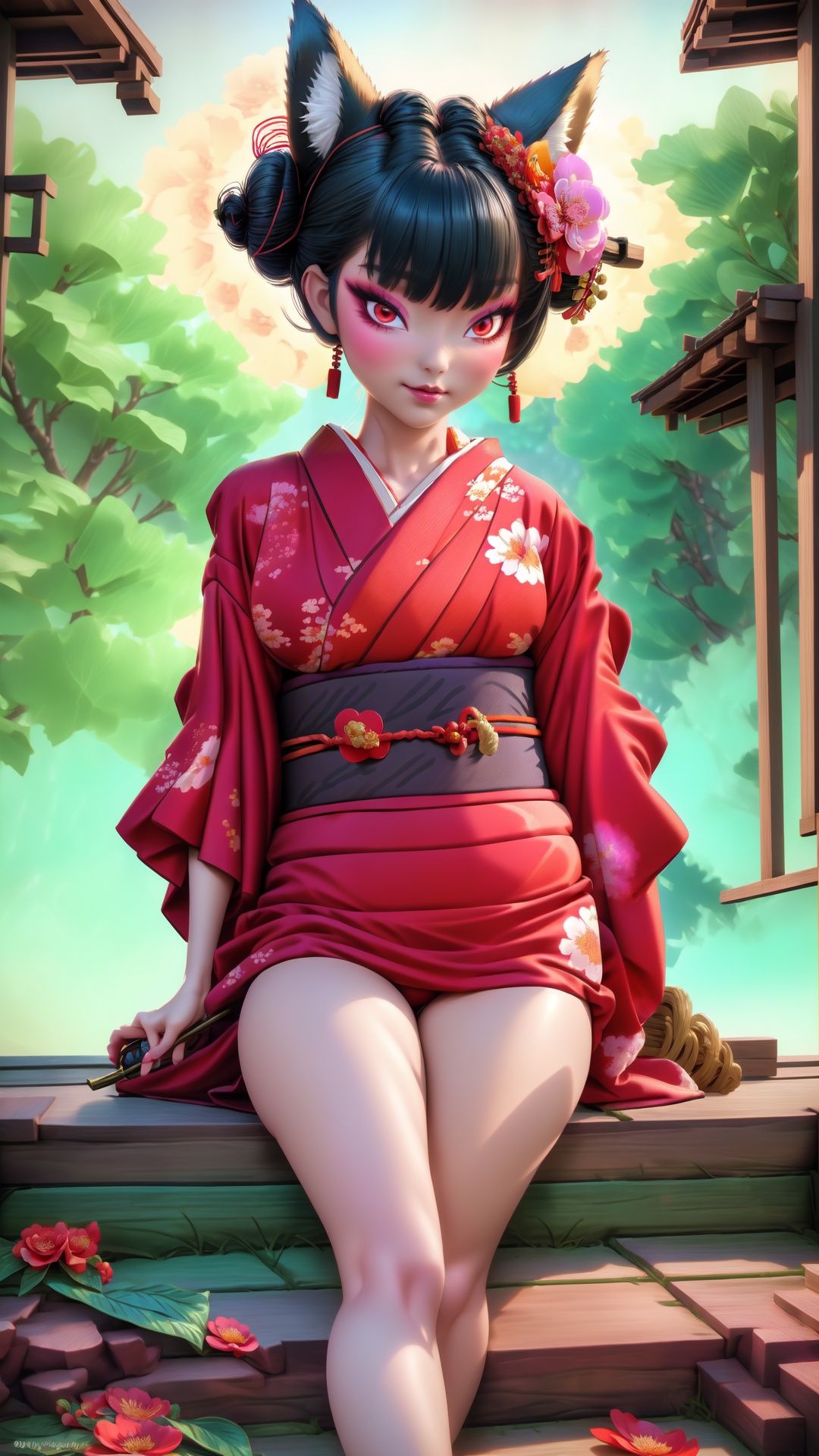 face lighting,bright backlight,medium breasts,super high resolution,best quality,Photos,4k,(Realistic:1.2),huyao,1girl,red eyes,fox ears,hair ornament,hair flower,kimono,black hair,flower,solo,looking at viewer,hair bun,thigh,short kimono, ,Kimono,feet101, <lora:EMS-14488-EMS:0.6>, <lora:EMS-15626-EMS:1>, <lora:EMS-15617-EMS:0.5>, <lora:EMS-14420-EMS:0.4>