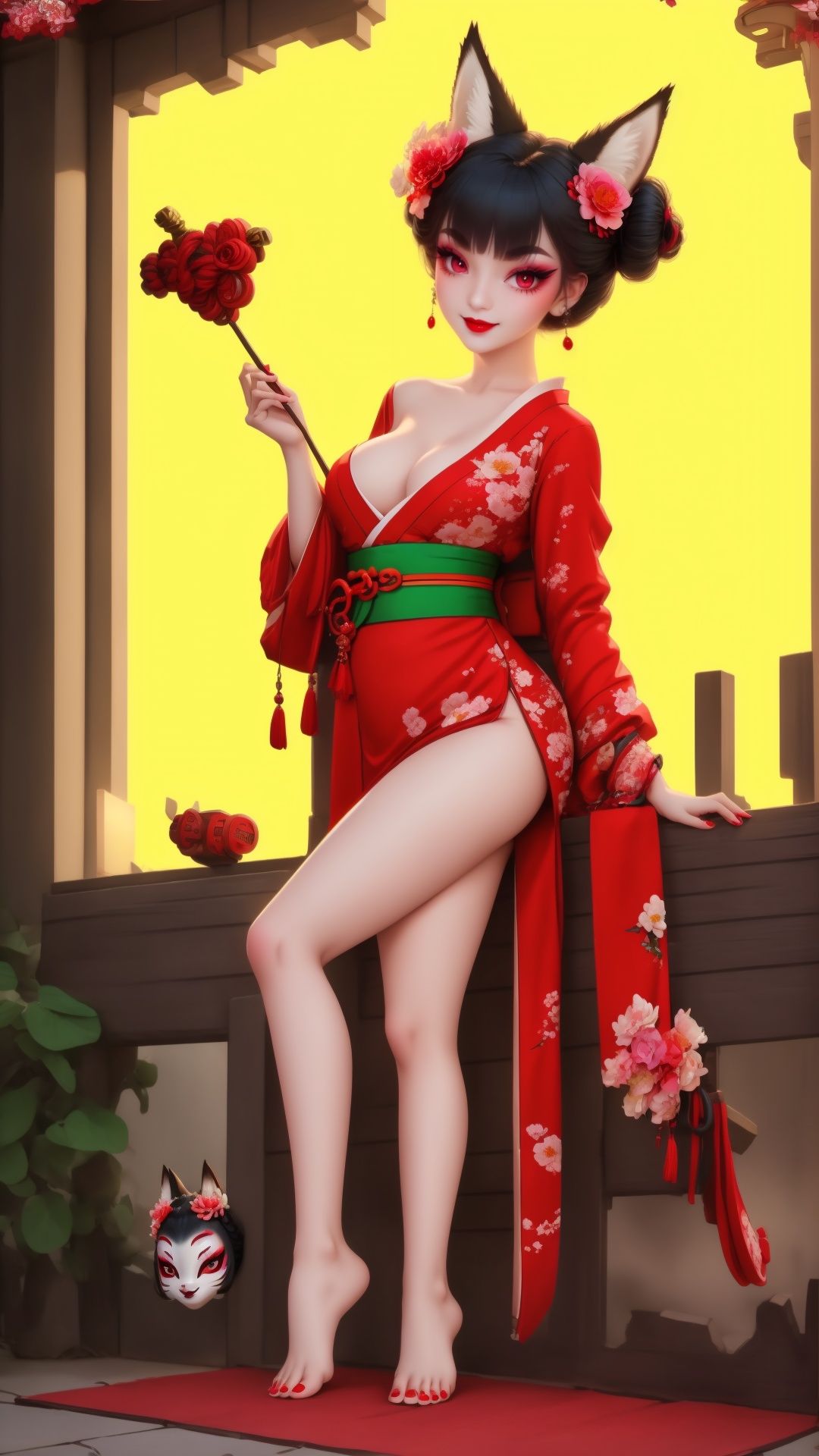 Full body. Bottom view from left side. Cinematic face lighting,bright backlight,medium breasts,super high resolution,best quality,Photos,4k,(Realistic:1.2),huyao,1girl,red eyes,fox ears,hair ornament,hair flower,kimono,black hair,flower,solo,looking at viewer,hair bun,feet101,1 girl. Fox mask. Sexy pose. A Fox mask behide her head,Chinese art, She wears green dudou inside and red hanfu outside. Smooth feet and red nails.,1 girl,feet,shidudou,Real,foot, <lora:EMS-14488-EMS:0.8>, <lora:EMS-15626-EMS:0.9>, <lora:EMS-14447-EMS:0.3>, <lora:EMS-1446-EMS:0.3>, <lora:EMS-14413-EMS:0.4>