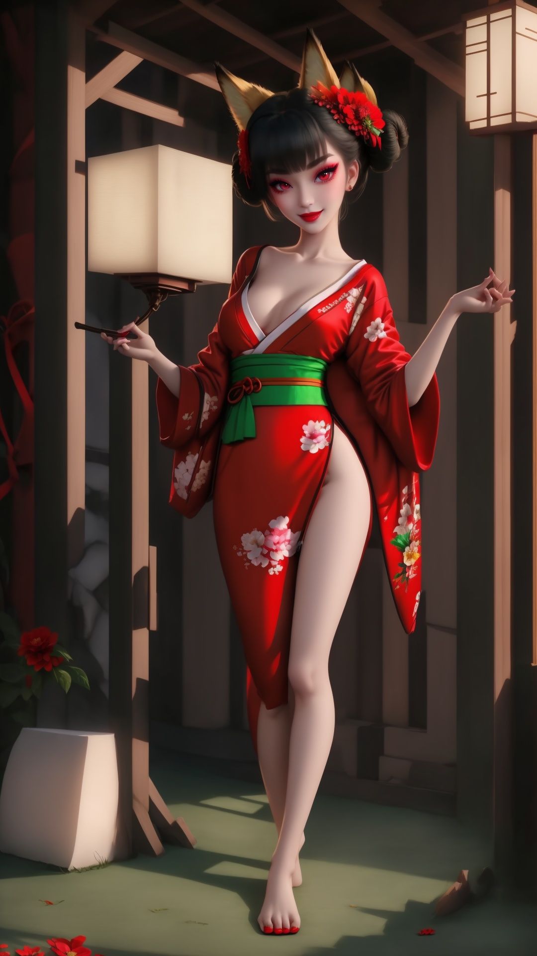 Full body. Bottom view from left side. Cinematic face lighting,bright backlight,medium breasts,super high resolution,best quality,Photos,4k,(Realistic:1.2),huyao,1girl,red eyes,fox ears,hair ornament,hair flower,kimono,black hair,flower,solo,looking at viewer,hair bun,feet101,1 girl. Fox mask. Sexy pose. A Fox mask behide her head,Chinese art, She wears green dudou inside and red hanfu outside. Smooth feet and red nails.,1 girl,feet,shidudou,Real, <lora:EMS-14447-EMS:0.3>, <lora:EMS-1446-EMS:0.3>, <lora:EMS-14764-EMS:0.5>, <lora:EMS-14413-EMS:0.4>, <lora:EMS-15626-EMS:0.9>