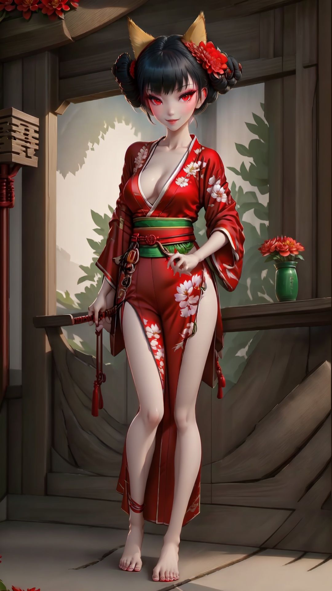Full body. Cinematic face lighting,bright backlight,medium breasts,super high resolution,best quality,Photos,4k,(Realistic:1.2),huyao,1girl,red eyes,fox ears,hair ornament,hair flower,kimono,black hair,flower,solo,looking at viewer,hair bun,feet101,1 girl. Fox mask. ,Chinese art, She wears green dudou inside and red hanfu outside. Nude feet and red nails.,1 girl,feet,shidudou,Real, <lora:EMS-15626-EMS:0.9>, <lora:EMS-14447-EMS:0.3>, <lora:EMS-1446-EMS:0.3>, <lora:EMS-14764-EMS:0.5>, <lora:EMS-14413-EMS:0.4>