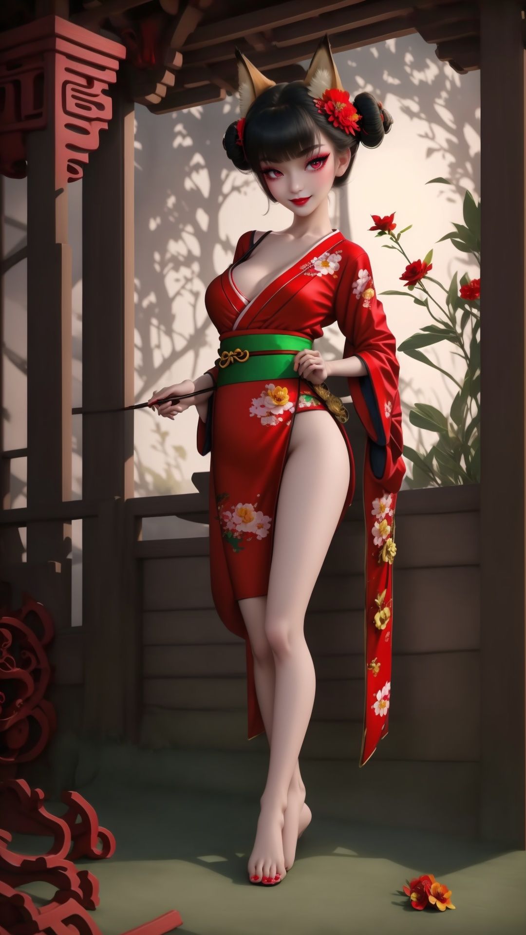 Full body. Bottom view from left side. Cinematic face lighting,bright backlight,medium breasts,super high resolution,best quality,Photos,4k,(Realistic:1.2),huyao,1girl,red eyes,fox ears,hair ornament,hair flower,kimono,black hair,flower,solo,looking at viewer,hair bun,feet101,1 girl. Fox mask. Sexy pose. A Fox mask behide her head,Chinese art, She wears green dudou inside and red hanfu outside. Smooth feet and red nails.,1 girl,feet,shidudou,Real, <lora:EMS-14413-EMS:0.4>, <lora:EMS-15626-EMS:0.9>, <lora:EMS-14447-EMS:0.3>, <lora:EMS-1446-EMS:0.3>, <lora:EMS-14764-EMS:0.5>