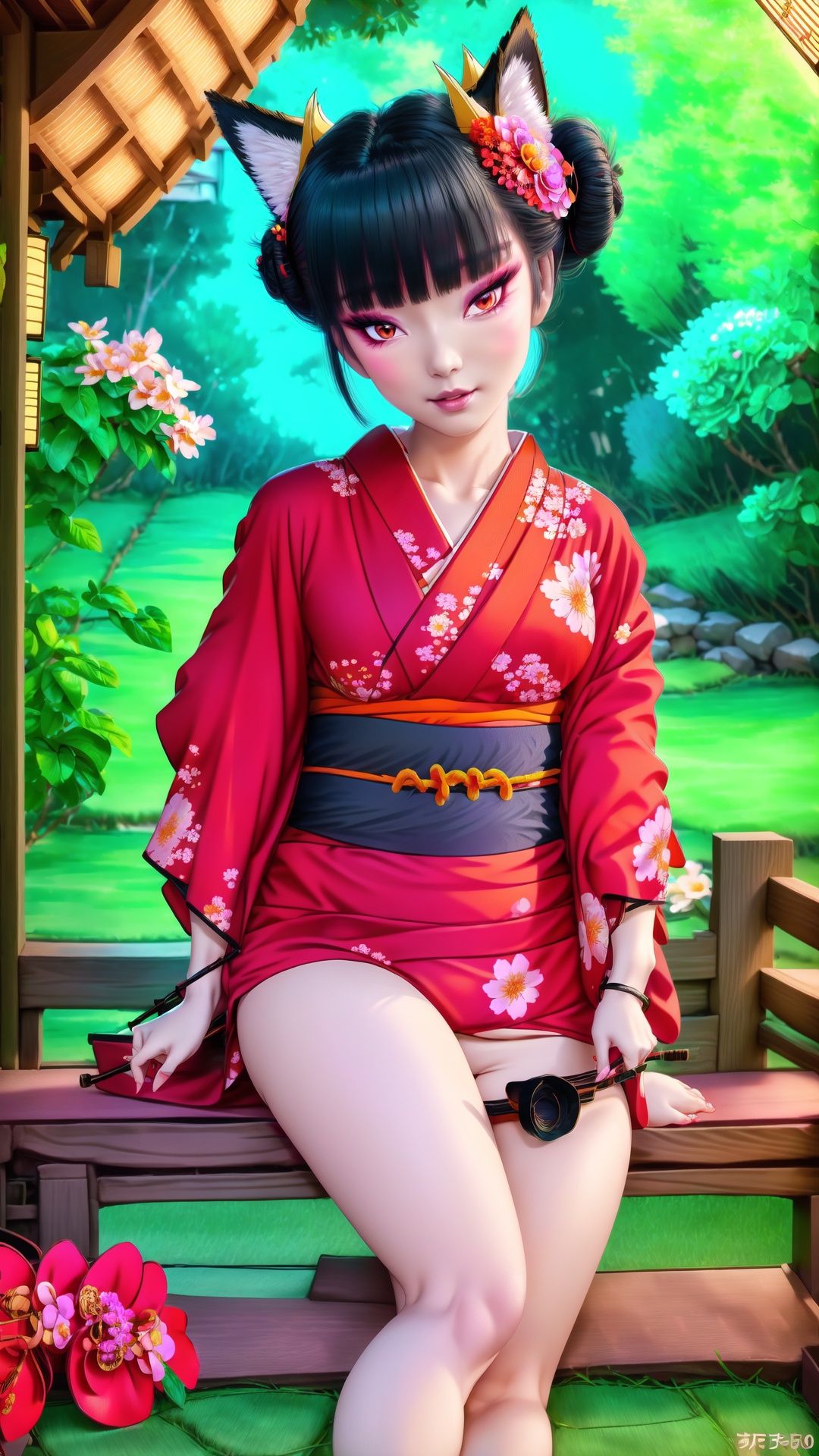 face lighting,bright backlight,medium breasts,super high resolution,best quality,Photos,4k,(Realistic:1.2),huyao,1girl,red eyes,fox ears,hair ornament,hair flower,kimono,black hair,flower,solo,looking at viewer,hair bun,thigh,short kimono, ,Kimono,feet101, <lora:EMS-14488-EMS:0.6>, <lora:EMS-15626-EMS:1>, <lora:EMS-15617-EMS:0.5>, <lora:EMS-14420-EMS:0.4>