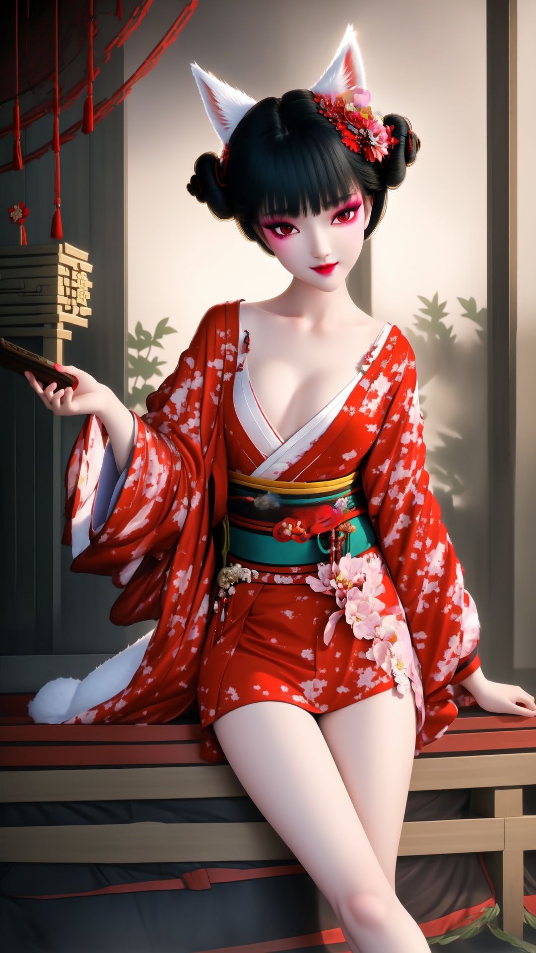 face lighting,bright backlight,medium breasts,super high resolution,best quality,Photos,4k,(Realistic:1.2),huyao,1girl,red eyes,fox ears,hair ornament,hair flower,kimono,black hair,flower,solo,looking at viewer,hair bun,thigh,short kimono, ,Kimono,feet101,1 girl. Fox mask. ,Chinese art,yuechan_wedding_lothes, <lora:EMS-15626-EMS:1>, <lora:EMS-14447-EMS:0.4>, <lora:EMS-363-EMS:0.2>, <lora:EMS-14488-EMS:0.6>