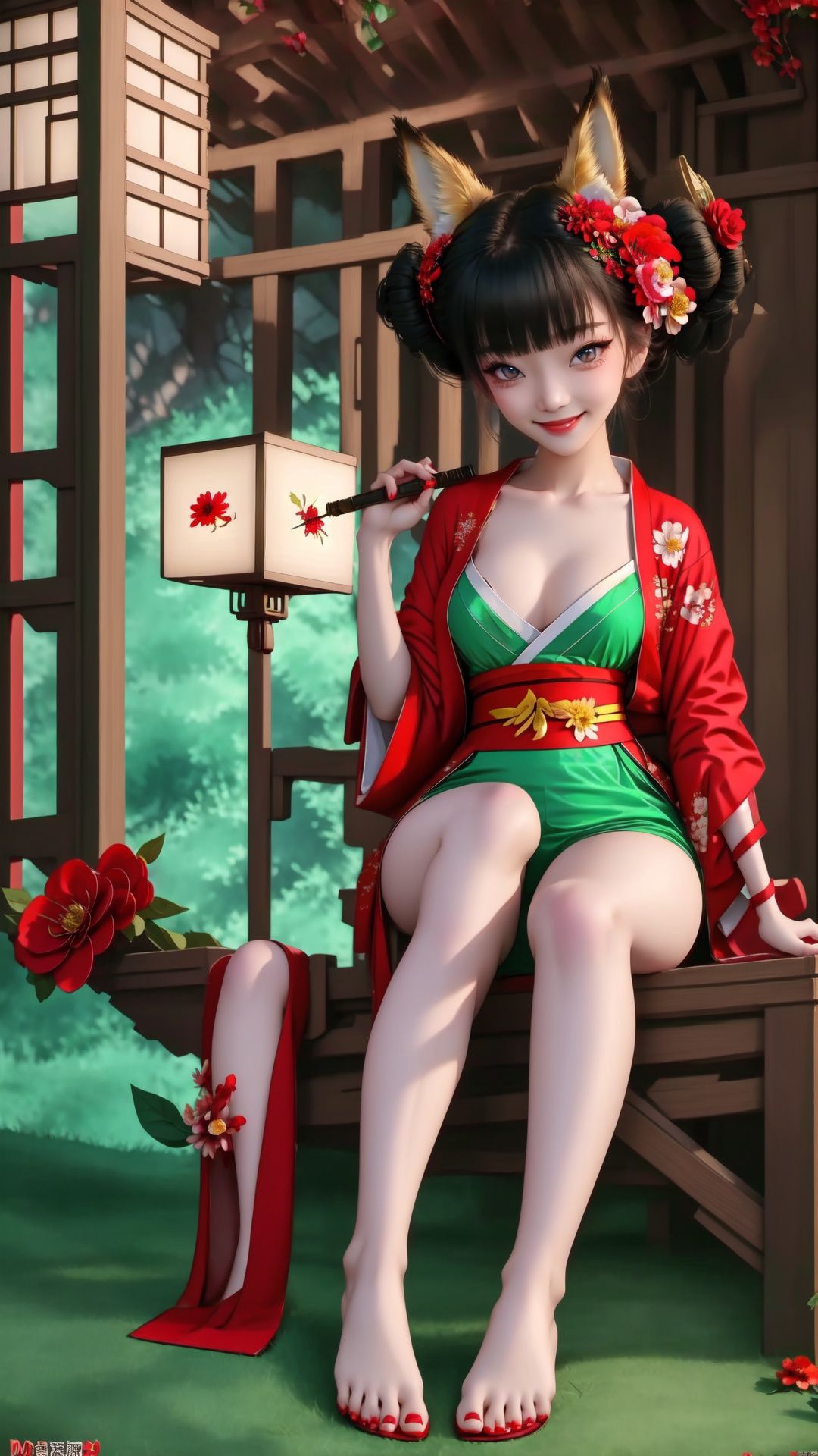 Full body. Cinematic face lighting,bright backlight,medium breasts,super high resolution,best quality,Photos,4k,(Realistic:1.2),huyao,1girl,red eyes,fox ears,hair ornament,hair flower,kimono,black hair,flower,solo,looking at viewer,hair bun,feet101,1 girl. Fox mask. ,Chinese art, She wears green dudou inside and red hanfu outside. Nude feet and red nails.,1 girl,feet,shidudou, <lora:EMS-14488-EMS:0.6>, <lora:EMS-15626-EMS:0.9>, <lora:EMS-14447-EMS:0.3>, <lora:EMS-1446-EMS:0.3>, <lora:EMS-14764-EMS:0.5>