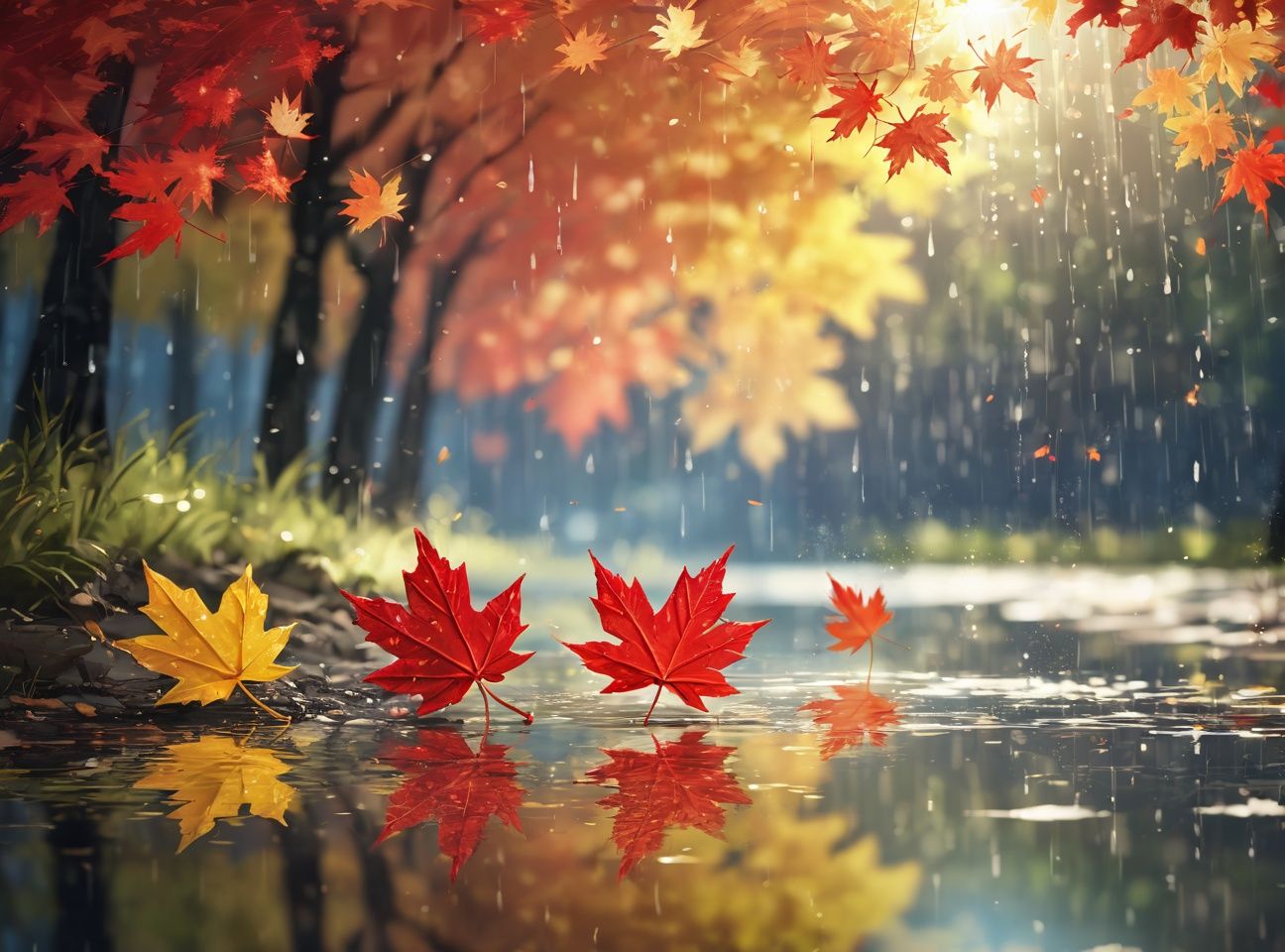 masterpiece,best quality,rain style,sunlight,light,puddle,beautiful lighting,blowing,reflection,autumn leaves,maple leaf,red particles,depth of field,forest,