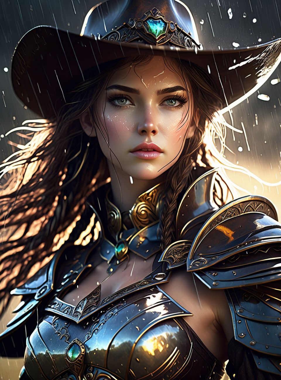 8k,intricate,elegant,highly detailed,majestic,digital photography,cowboy shot,surreal painting,broken glass,(masterpiece, sidelighting, finely detailed beautiful eyes:1.2),hdr,void3nergy lightning storm,woman,wearing regal battle armor,raining,beautiful,facing viewer t,masterpiece,upper body,
