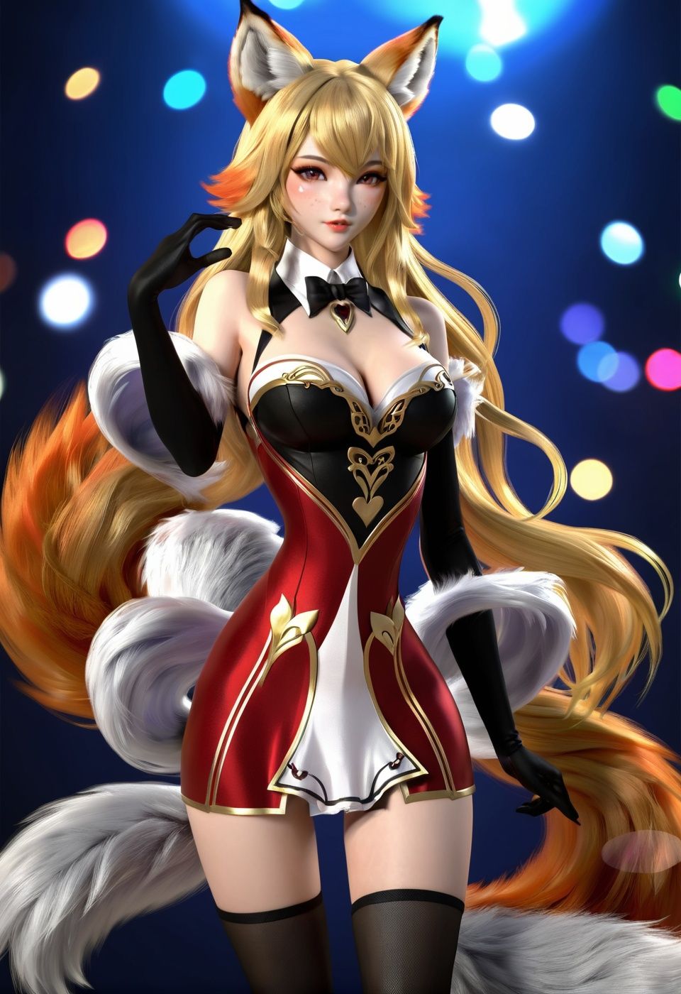 best quality,masterpiece,highres,cg, 1girl, animal ears, tail, fox ears, solo, fox tail, breasts, thighhighs, blonde hair, multiple tails, high heels, large breasts, heart, long hair, hand on hip, cleavage, black thighhighs, looking at viewer, bare shoulders, facial mark, dress, whisker markings, fingernails, underwear, alternate costume, fox girl, full body, lighting,candid,Photograph,high resolution,4k,8k,Bokeh,