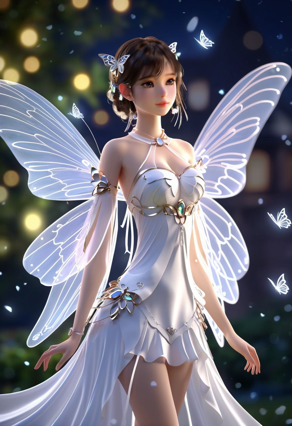 best quality,masterpiece,highres,cg, 1girl, wings, solo, dress, detached sleeves, white dress, hand on hip, bare shoulders, looking at viewer, fairy wings, detached collar, strapless, butterfly wings, jewelry, fairy, strapless dress, lighting,candid,Photograph,high resolution,4k,8k,Bokeh,