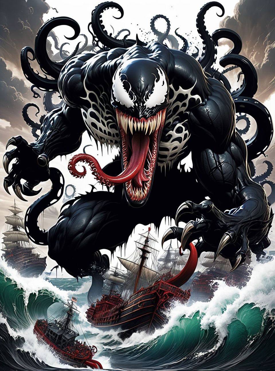 (perfect mix between venom and kraken:1.9), with venom's black tentacles protruding from his entire body, destroying ships on the ocean, blood on the mouth, epic, cataclysmic, gargantuan, absurdres, best quality, realistic style