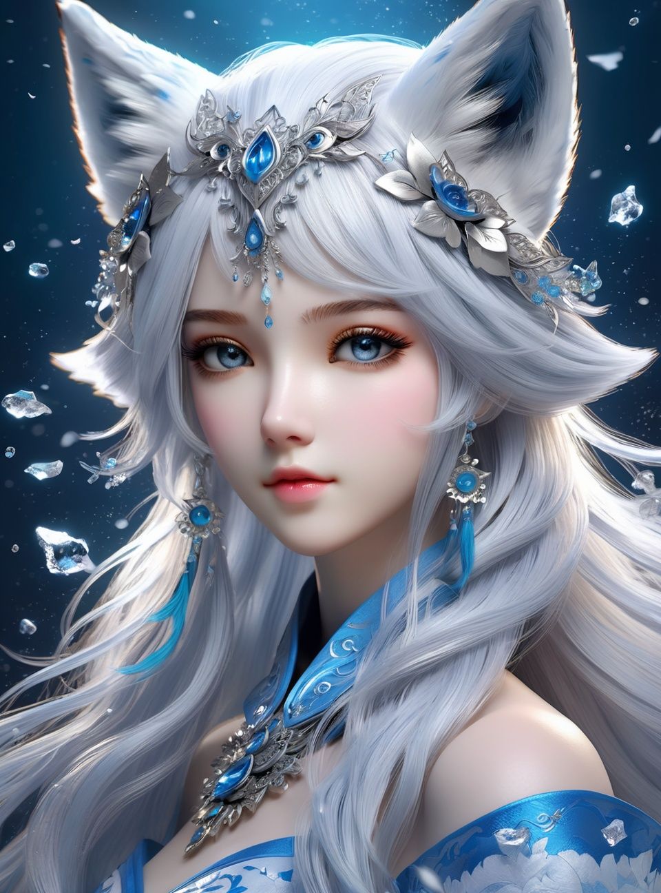 masterpiece, best quality,official art, extremelydetailed cg 8k wallpaper,(flying petals)(detailed ice) , crystalstexture skin, coldexpression, ((fox ears)),white hair, longhair, messy hair, blue eye,looking at viewer,extremely delicate andbeautiful, water, ((beautydetailed eye)), highlydetailed, cinematiclighting, ((beautiful face),fine water surface, (originalfigure painting), ultra-detailed, incrediblydetailed, (an extremelydelicate and beautiful),beautiful detailed eyes,(best quality)