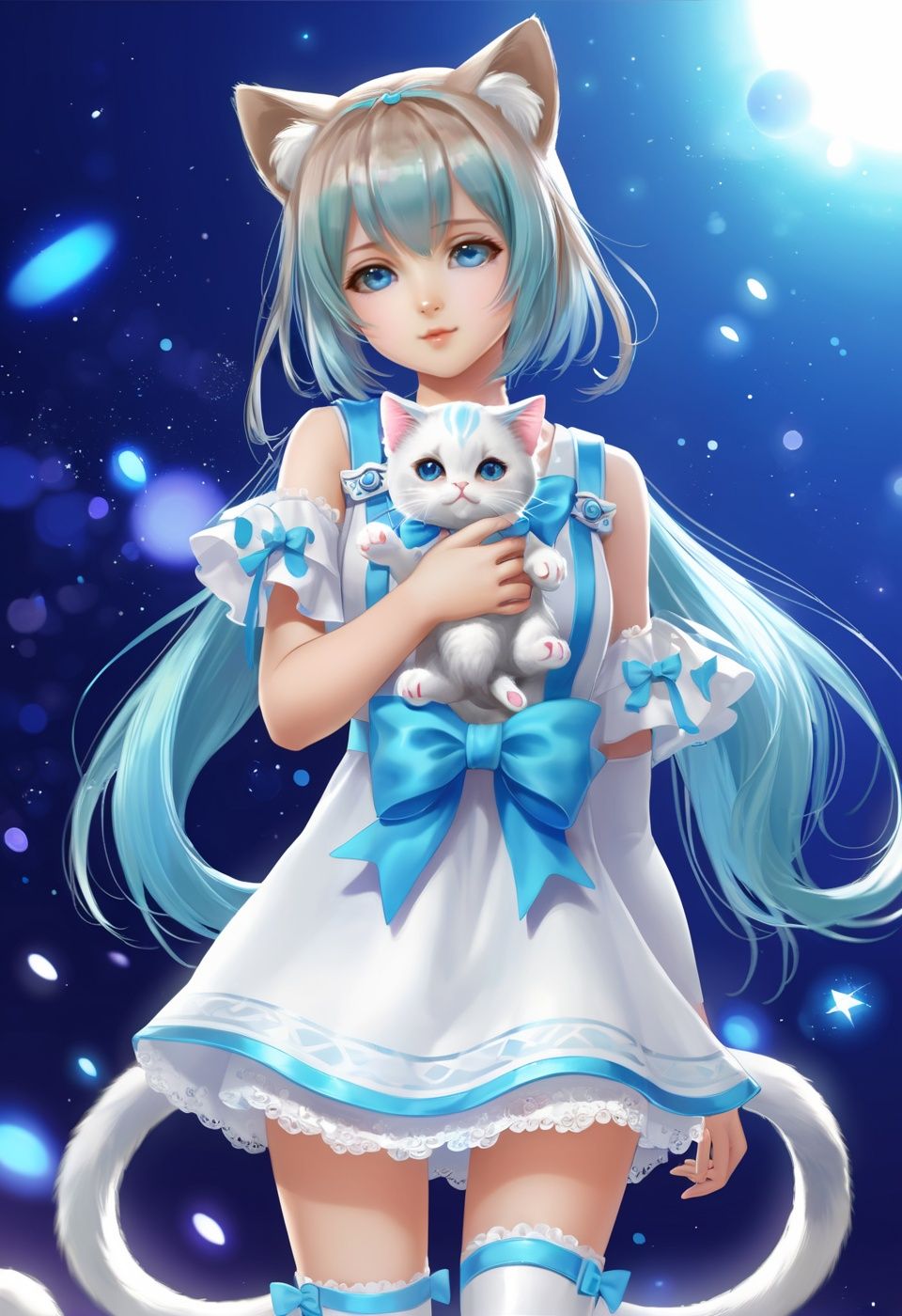 masterpiece, best quality, kawaii,adorable girl,little girl,bishoujo,cute,long hair,light brown hair,hair between eyes,ahoge, blue eyes,beautiful detailed eyes,aqua eyes,cat_ears,blue hairbow,white kneehighs,white dress,white infrared sleeve,((beautiful detailed face)), (beautiful detailed eyes),boots,full body,white glove,cute face,happy