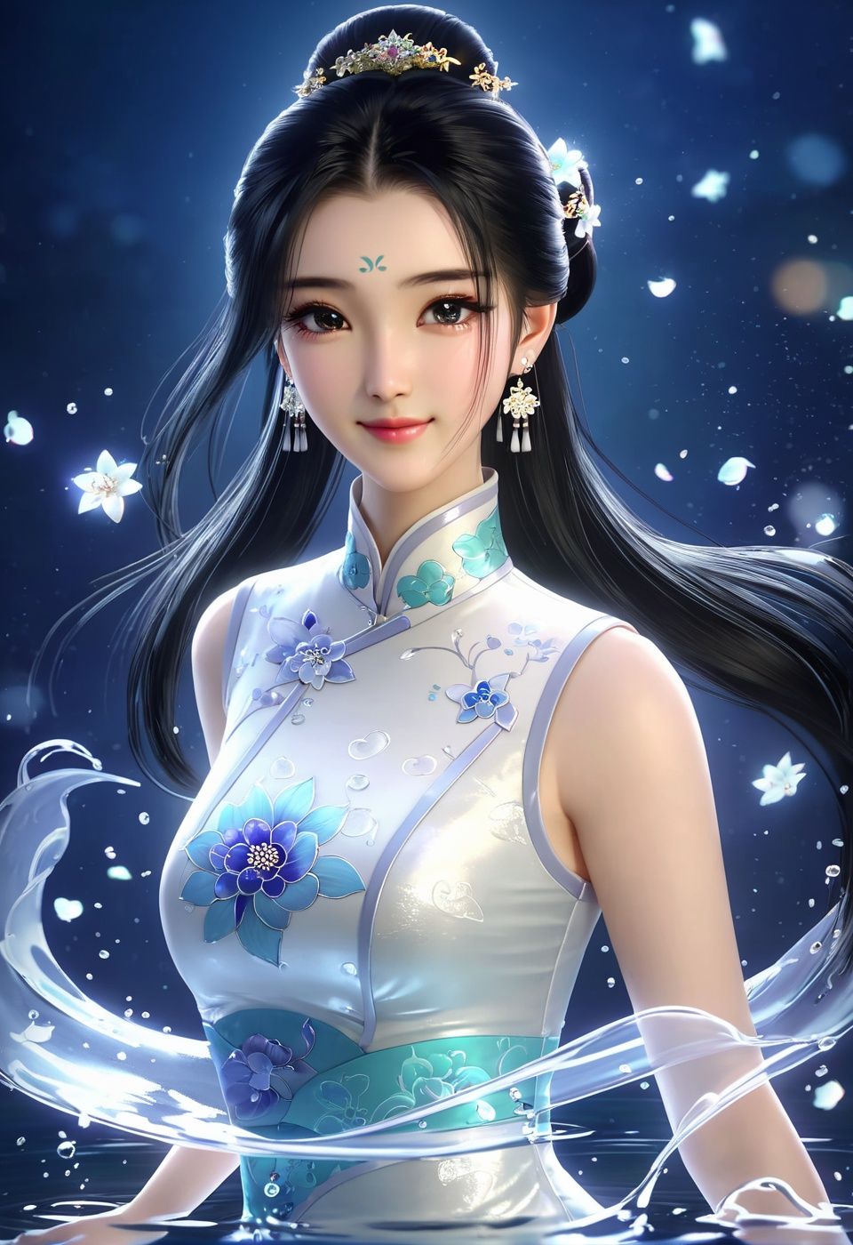 best quality,masterpiece,highres,cg, 1girl,(seductive smile:0.8),long hair,star-shaped pupils,cheongsam,dress,water,solo,jewelry,white dress,earrings,hair ornament,splashing,upper body,hair bun,black hair, lighting,candid,Photograph,high resolution,4k,8k,Bokeh,