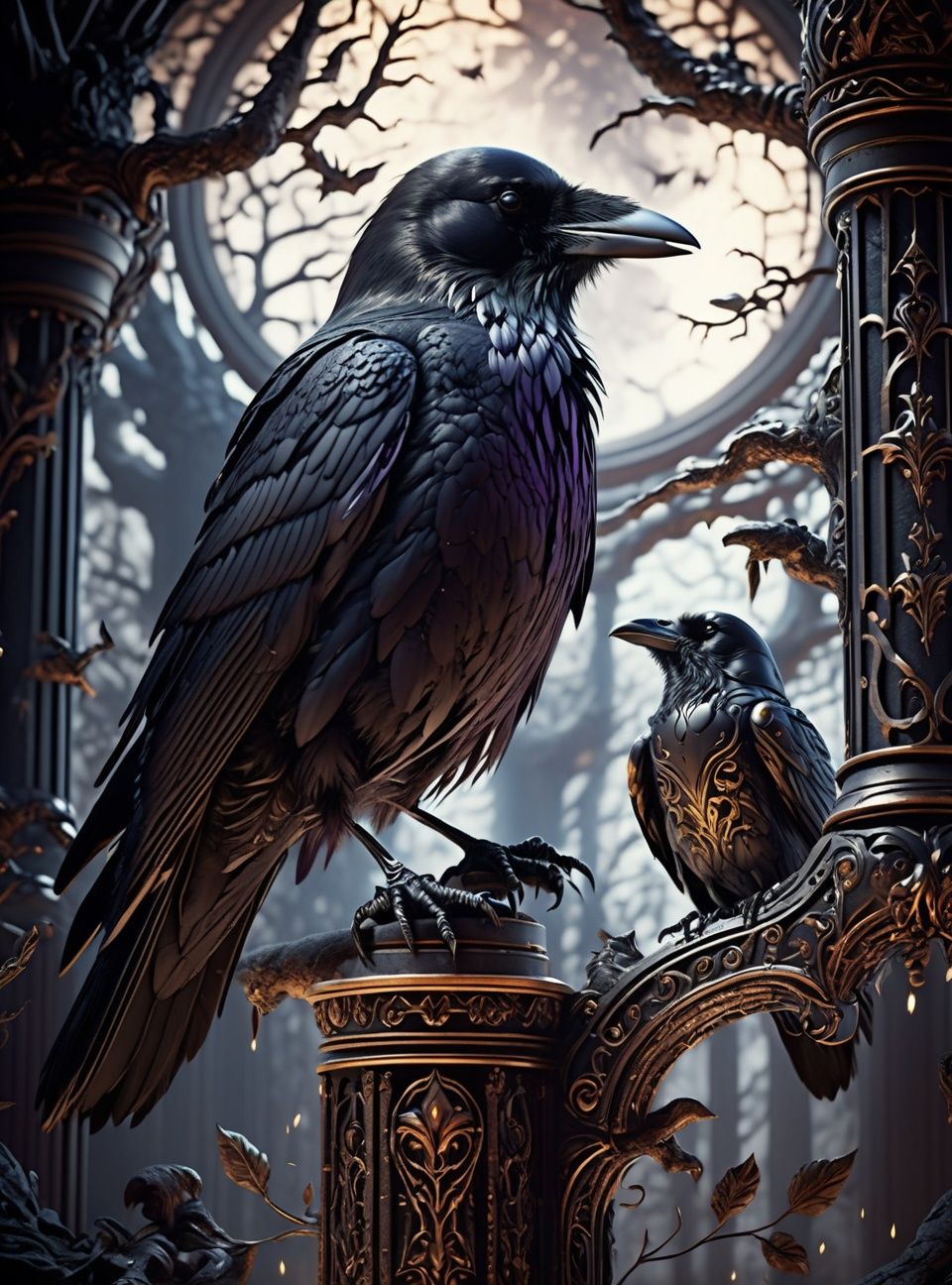 (dark magic), (grim), the raven, (intricate details), (hyperdetailed), 8k hdr, high detailed, lot of details, high quality, soft cinematic light, dramatic atmosphere, atmospheric perspective