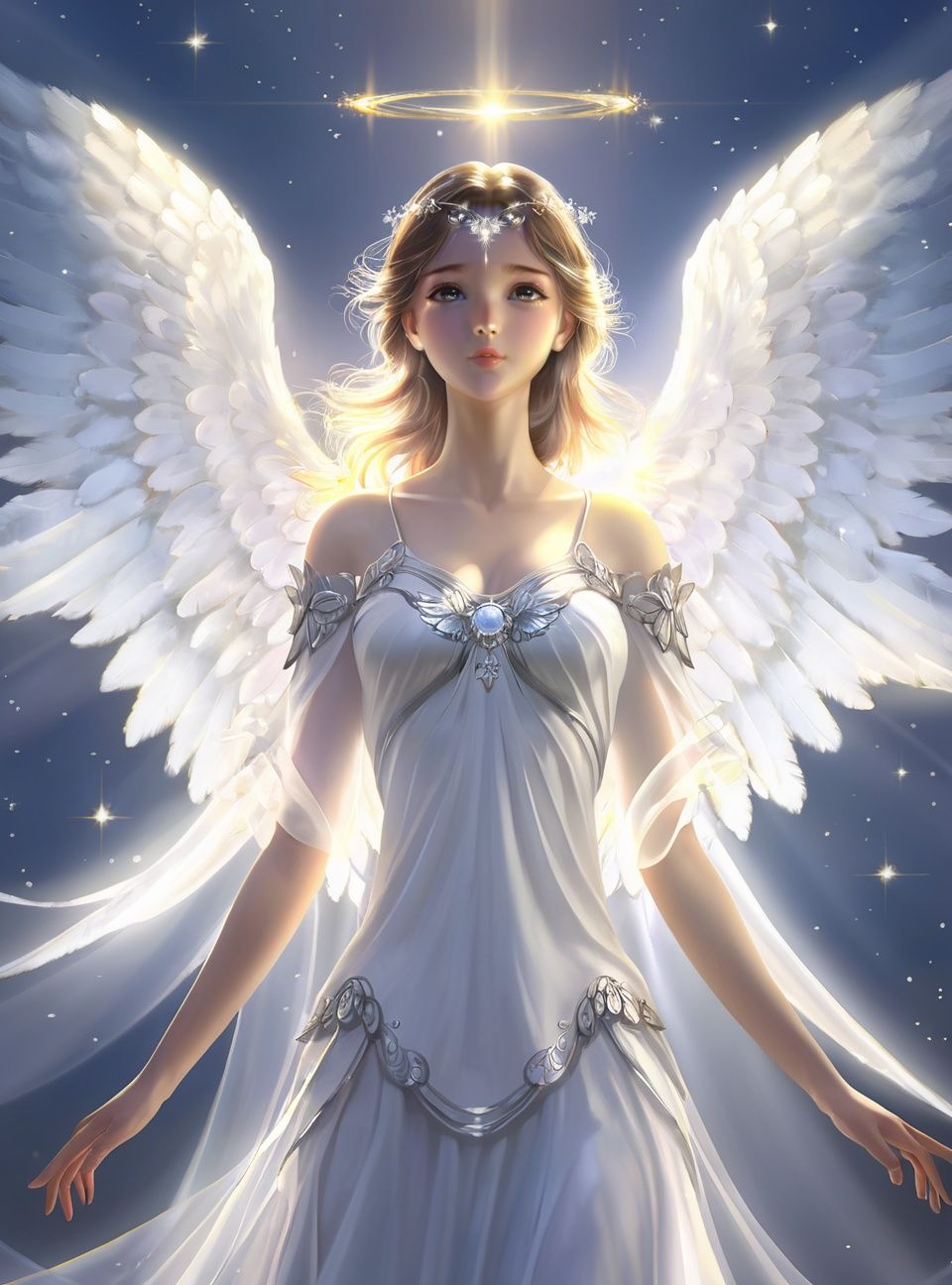 (((masterpiece))), (((best quality))), ((ultra-detailed)), (illustration), (detailed light),((an extremely delicate and beautiful)),(beautiful detailed eyes), (sunlight),(angel),solo,young girls,dynamic angle,floating, bare_shoulders,looking_at_viewer ,wings ,arms_up,halo,Floating white silk,(Holy Light),just like silver stars imploding we absorb the light of day