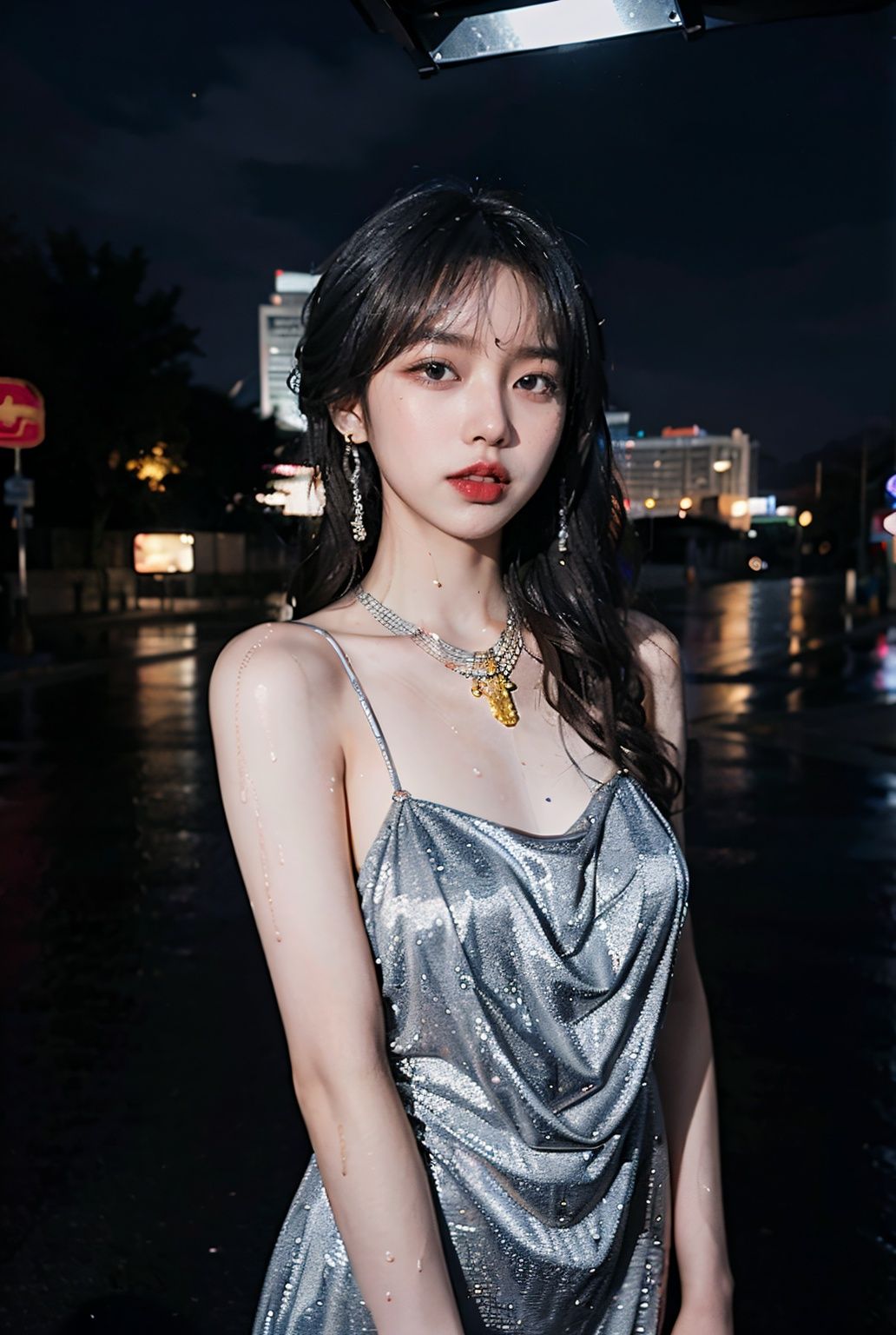 (8k, RAW photo, best quality, masterpiece:1.2), (realistic, photo-realistic:1.37,st. louis \(luxurious wheels\) \(azur lane\),1girl,(Kpop idol), (aegyo sal:1),hair ornament, portrait, (long loose silver revealing dress:1.1), necklace, blue nails,cute,cityscape, night, rain, wet, professional lighting, photon mapping, radiosity, physically-based rendering,, <lora:EMS-15086-EMS:0.2>, <lora:EMS-15679-EMS:0.9>, <lora:EMS-15578-EMS:0.6>