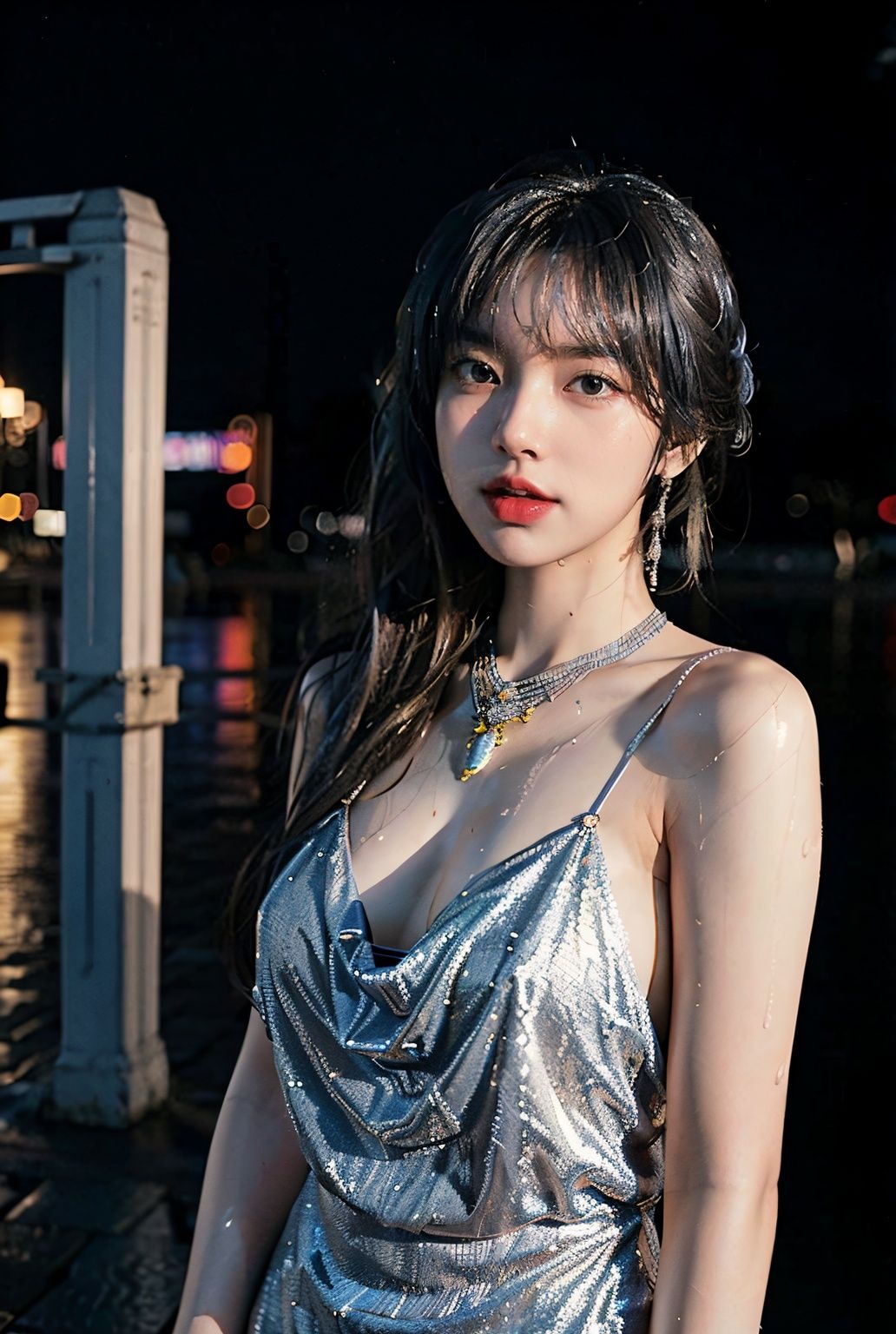 (8k, RAW photo, best quality, masterpiece:1.2), (realistic, photo-realistic:1.37,st. louis \(luxurious wheels\) \(azur lane\),1girl,(Kpop idol), (aegyo sal:1),hair ornament, portrait, (long loose silver revealing dress:1.1), necklace, blue nails,cute,cityscape, night, rain, wet, professional lighting, photon mapping, radiosity, physically-based rendering,, <lora:EMS-15679-EMS:0.9>, <lora:EMS-15578-EMS:0.6>, <lora:EMS-15086-EMS:0.2>