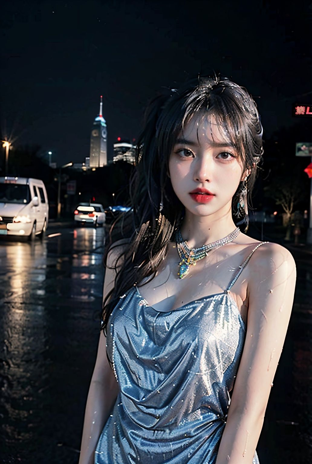 (8k, RAW photo, best quality, masterpiece:1.2), (realistic, photo-realistic:1.37,st. louis \(luxurious wheels\) \(azur lane\),1girl,(Kpop idol), (aegyo sal:1),hair ornament, portrait, (long loose silver revealing dress:1.1), necklace, blue nails,cute,cityscape, night, rain, wet, professional lighting, photon mapping, radiosity, physically-based rendering,, <lora:EMS-15679-EMS:0.9>, <lora:EMS-15578-EMS:0.6>, <lora:EMS-15086-EMS:0.2>
