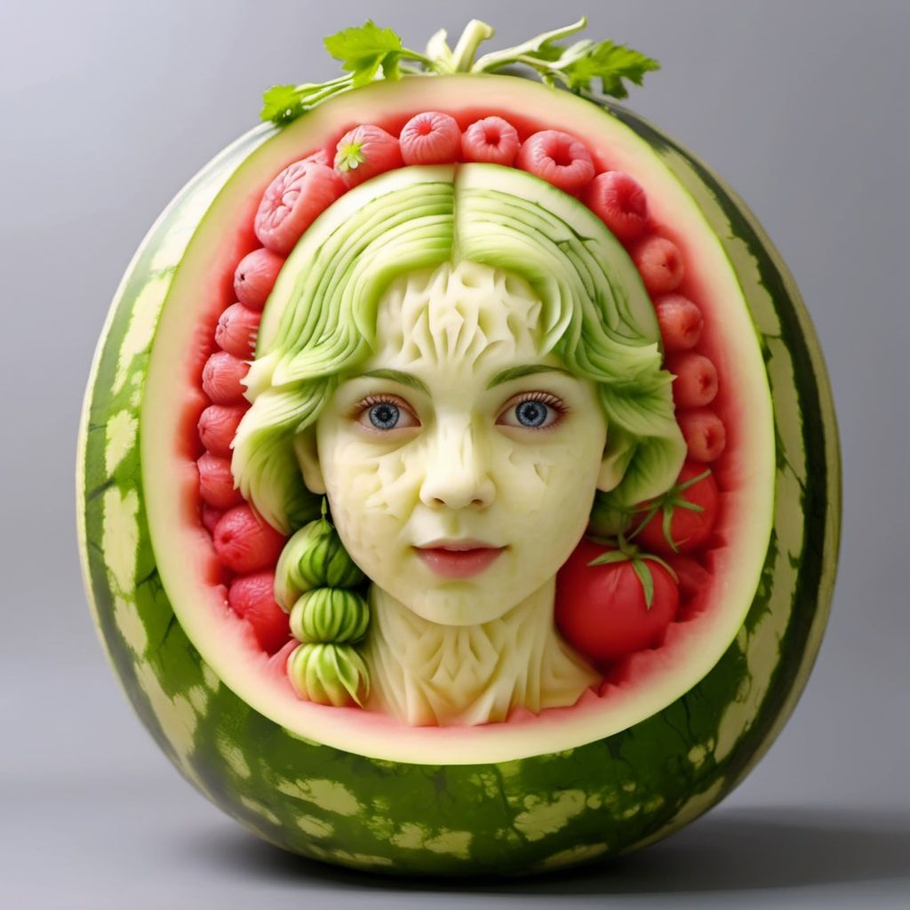 watermeloncarving,<lora:xiguadiaosdxllora-000002:1>1 girl, perfect eyes, perfect face,