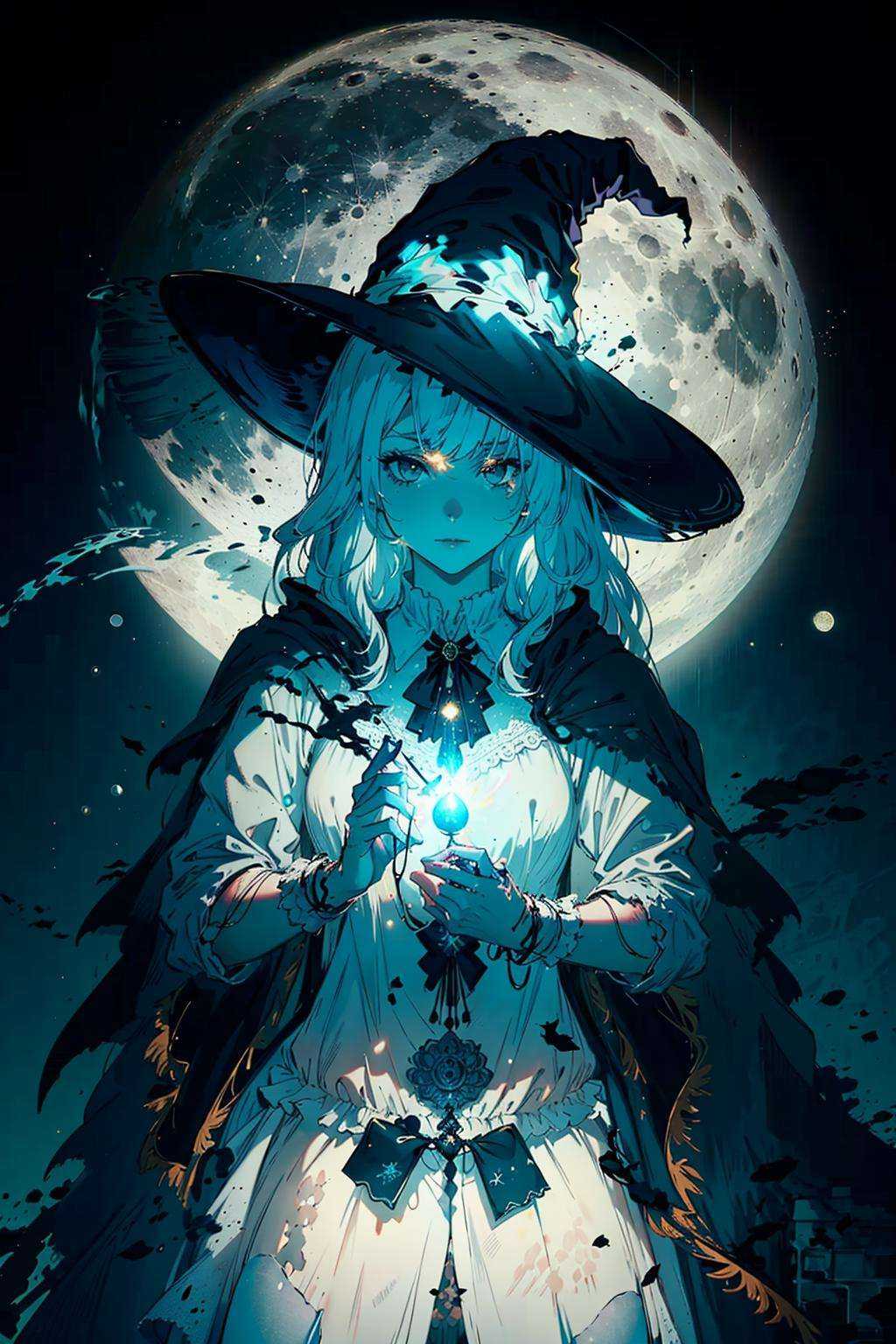 1girl,(Tattered clothes:1.1),long white hair, (white stockings:1.1),white large witch hat,witch costume, Ride broomstick, fantasy,(light:1.3),dark theme,magic,moon,upper body,